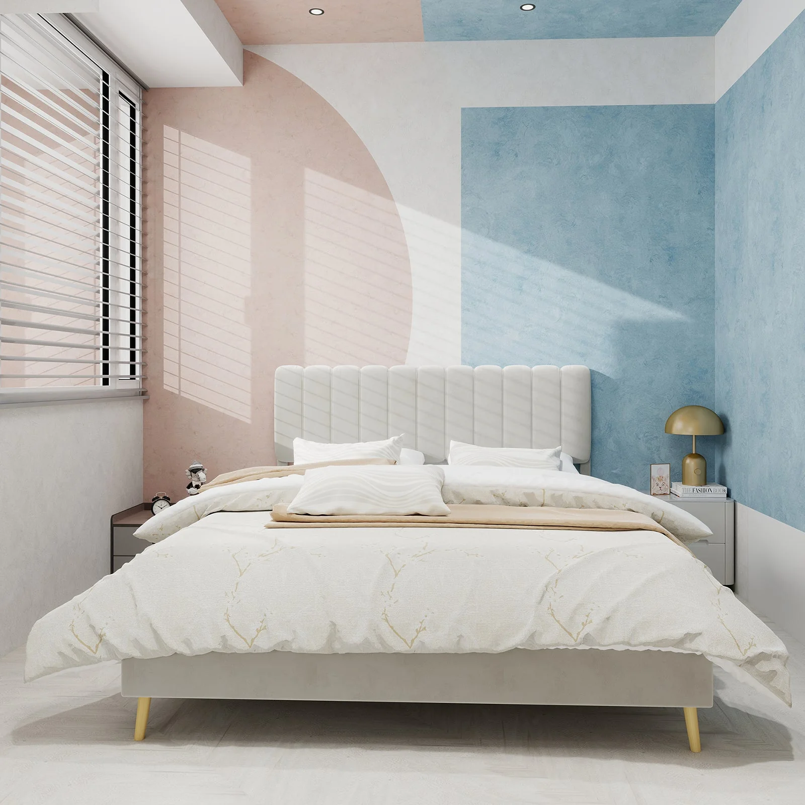 Upholstered Bed, Minimalist Plush Headboard 140x200cm, Beige - Image 6