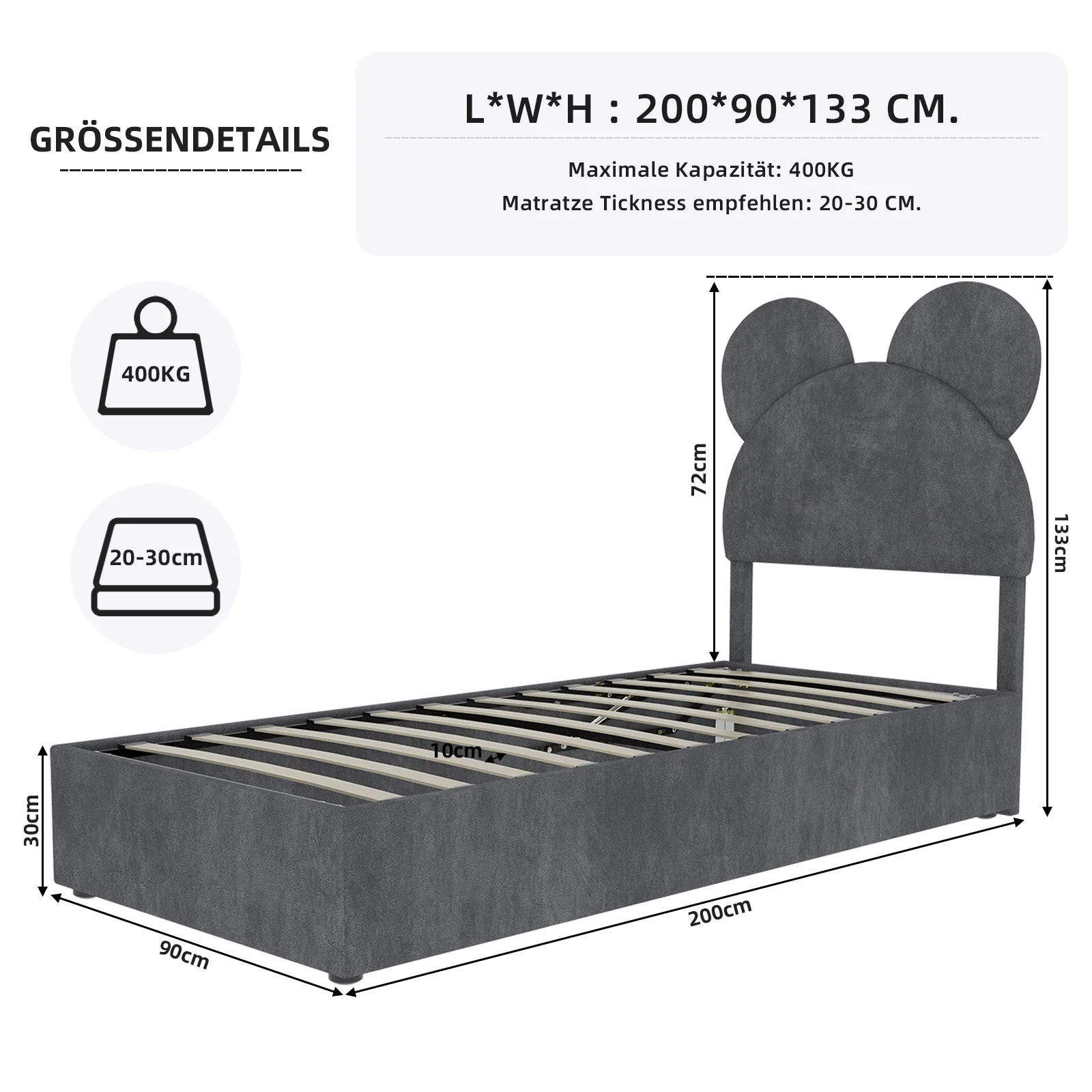 Upholstered Bed, Minimalist with Cartoon Headboard, 90x200 cm, Grey - Image 5