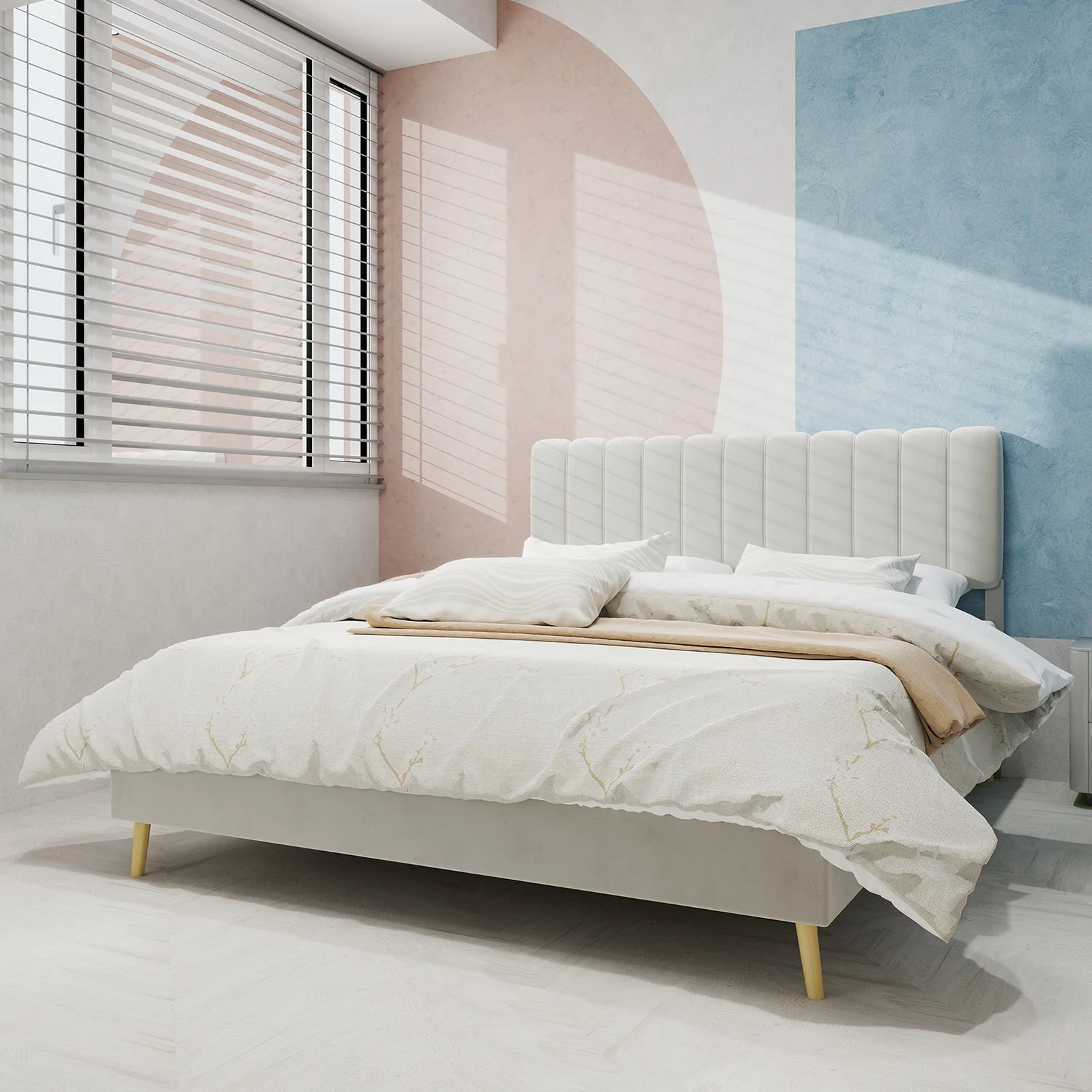 Upholstered Bed, Modern Minimalist Plush Headboard, 160x200cm, Beige - Image 3
