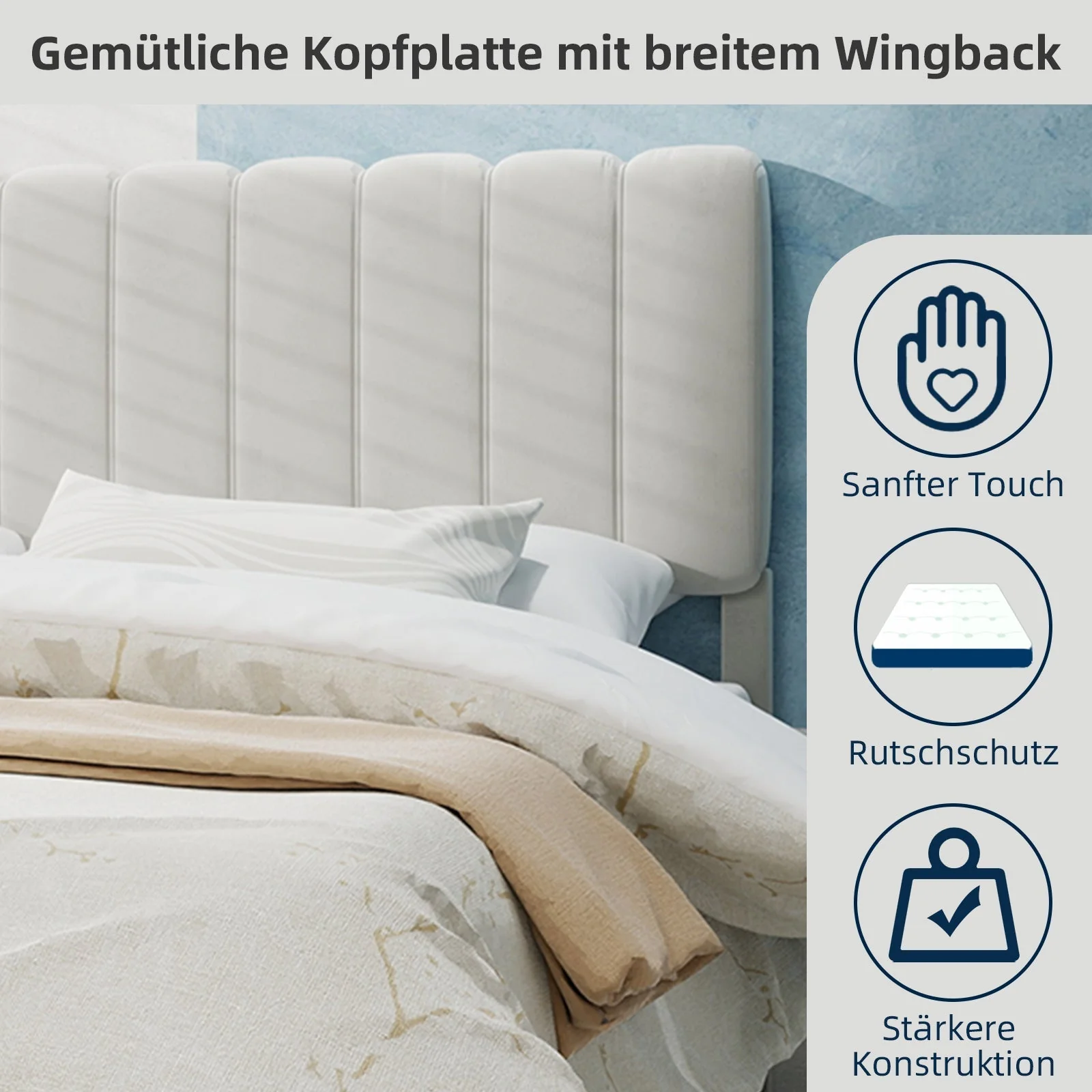 Upholstered Bed, Modern Minimalist Plush Headboard, 160x200cm, Beige - Image 4