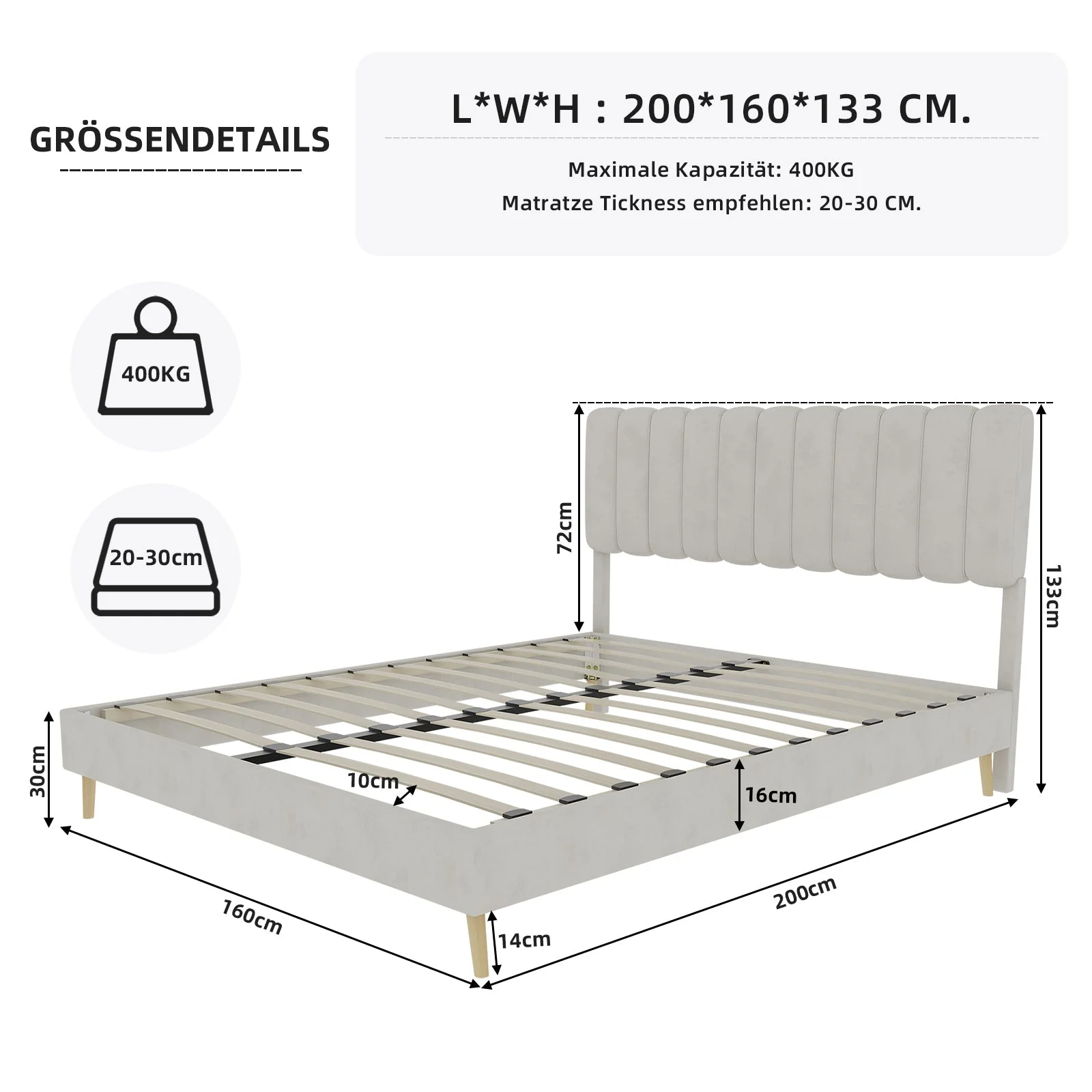 Upholstered Bed, Modern Minimalist Plush Headboard, 160x200cm, Beige - Image 6