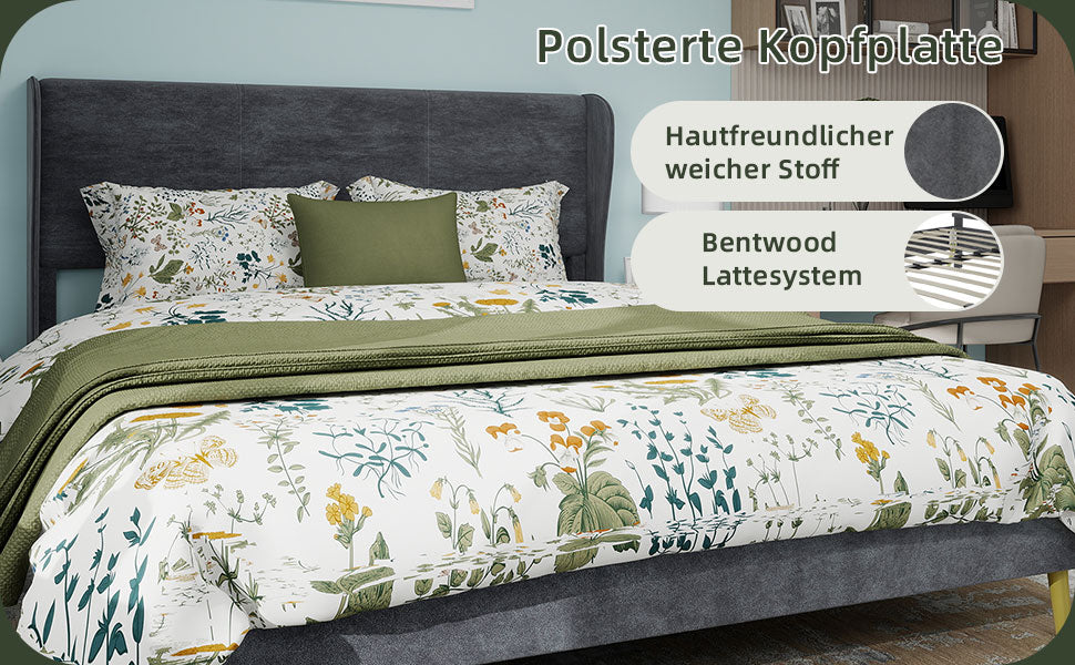 Upholstered Bed, Modern Minimalist Soft Headboard, 160x200 cm Grey - Image 3