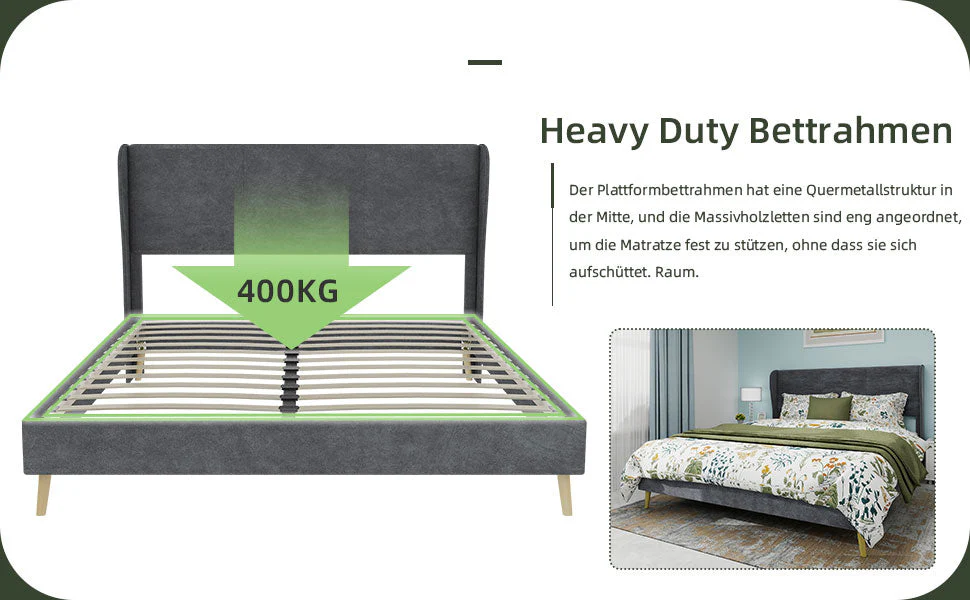 Upholstered Bed, Modern Minimalist Soft Headboard, 160x200 cm Grey - Image 5