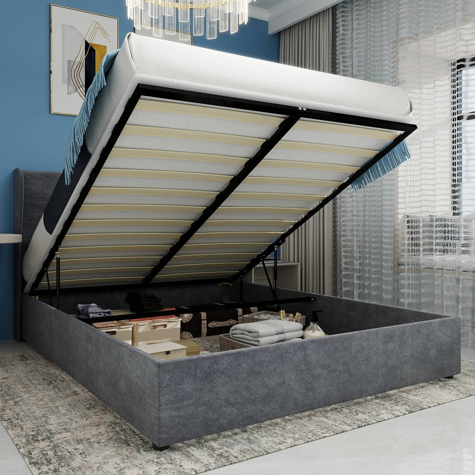 Upholstered Bed, Modern Minimalist with Gas Lift Storage, Grey - Image 9
