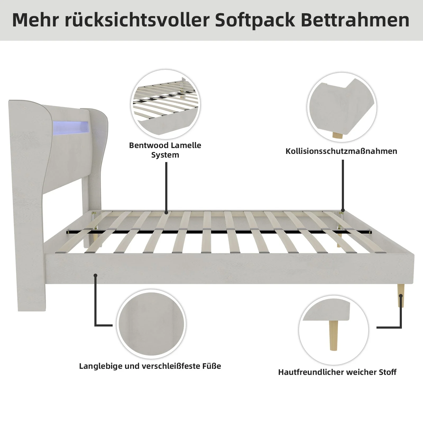 Upholstered Bed, Modern Minimalist with LED Headboard, 140x200 cm, Beige - Image 7