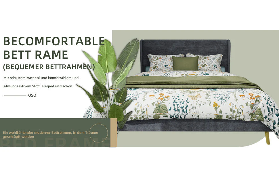 Upholstered Bed, Modern Minimalist with Soft Headboard, 140x200 cm, Grey - Image 2
