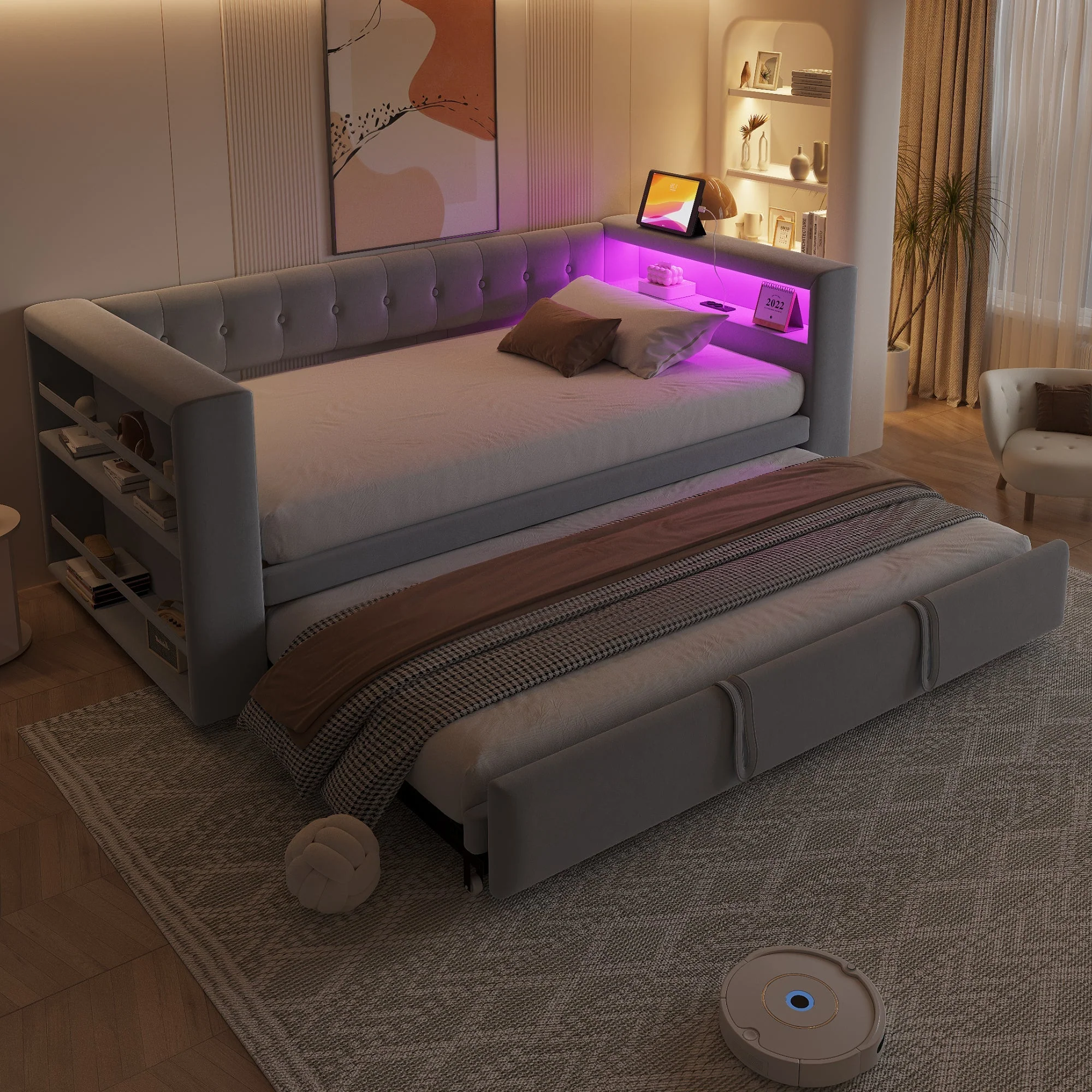 Upholstered Bed, Multifunctional Sofa Bed 90/180×190 cm, LED, Storage, Light Grey - Image 7