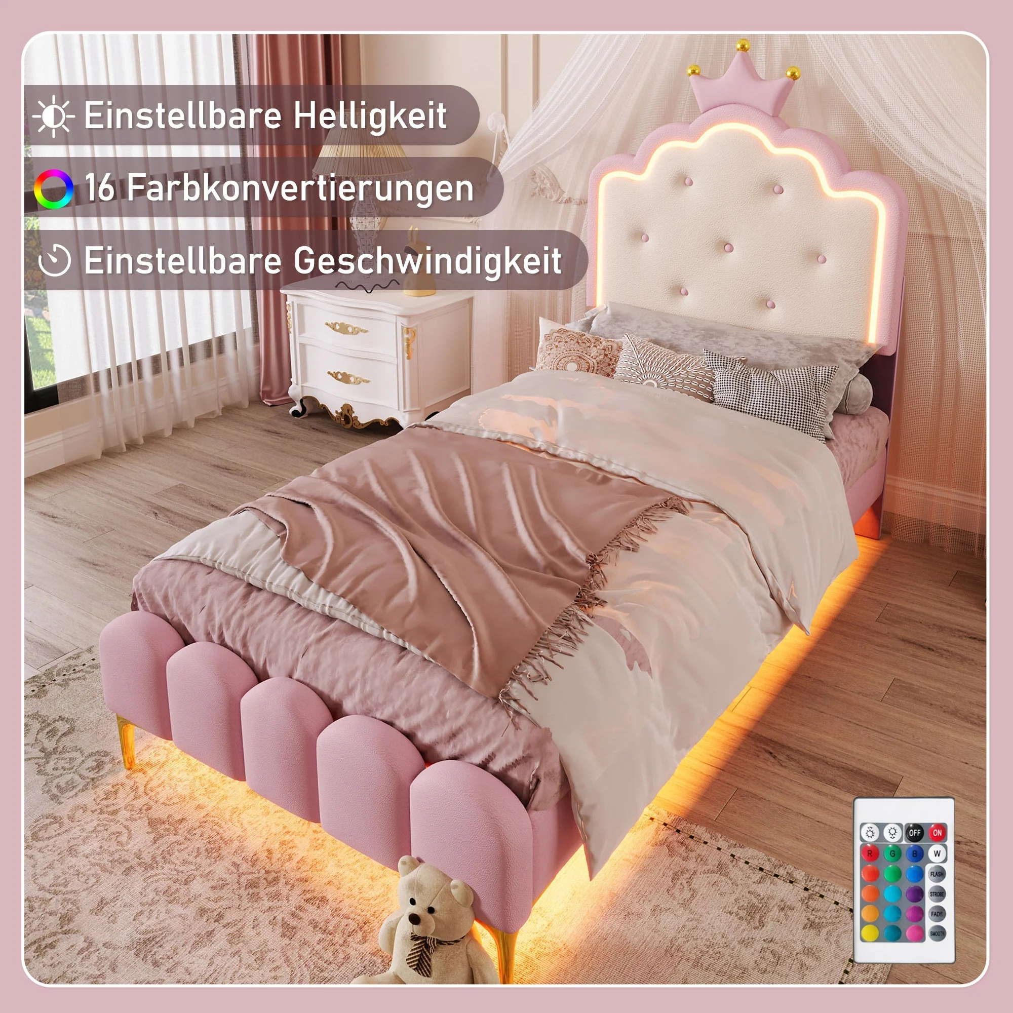 Upholstered Bed Princess Shape 90x200cm Ambient Light Pink PU Material - Image 2