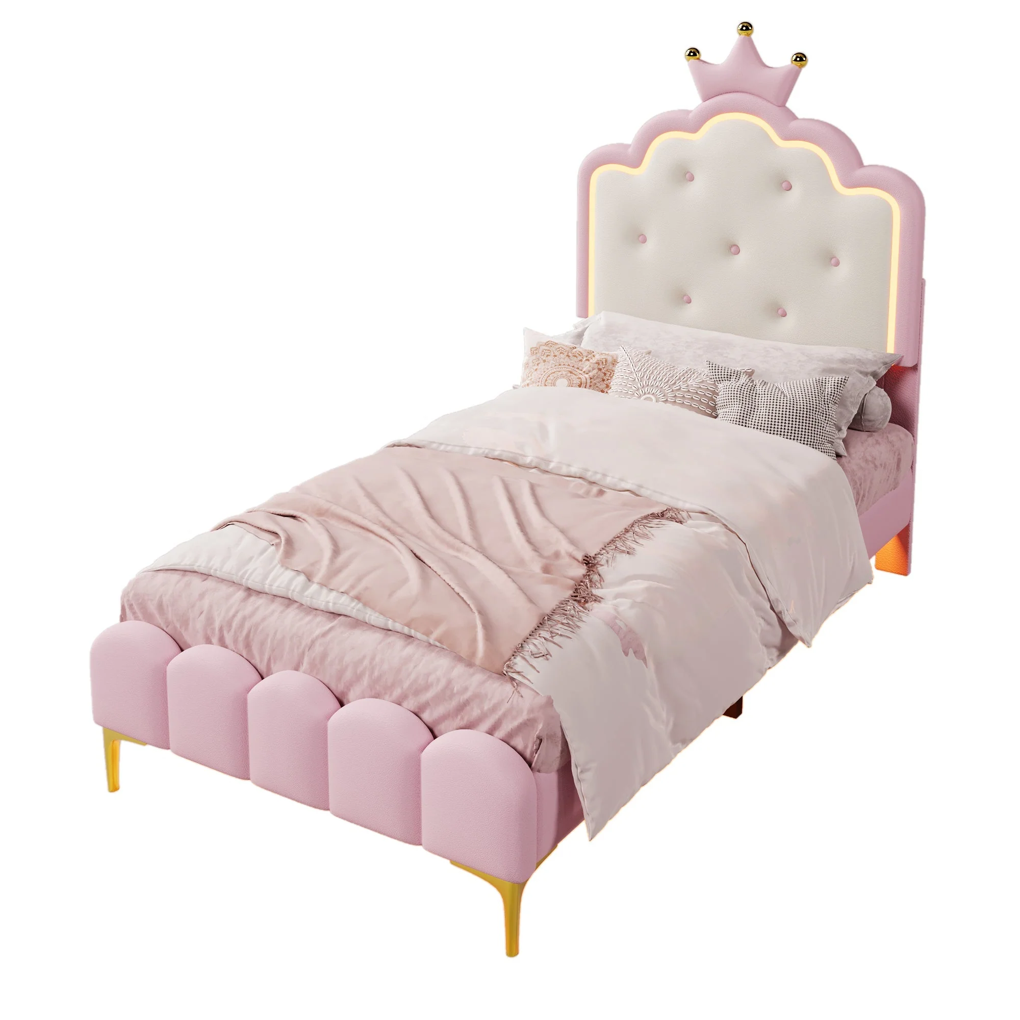 Upholstered Bed Princess Shape 90x200cm Ambient Light Pink PU Material - Image 7