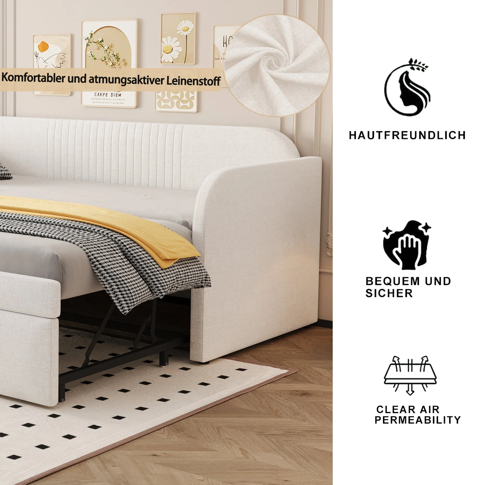 Upholstered Bed Pull-Out Sofa Bed, 90/180*190cm Multifunctional with Slatted Frame, Beige Linen - Image 3