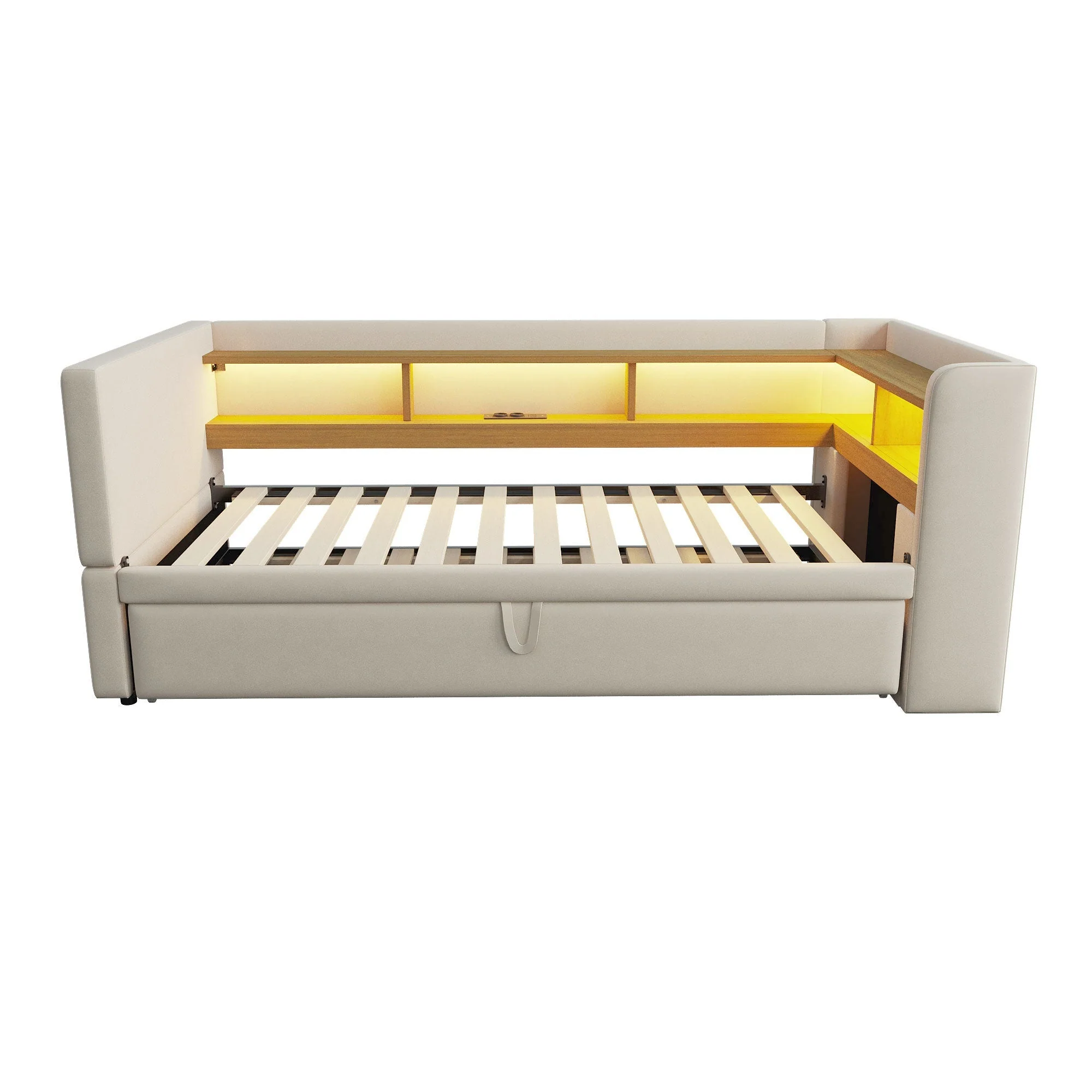 Upholstered Bed, Pull-Out Sofa Bed 90/180*190cm with LED Lights, Sockets & Storage - Beige - Image 10