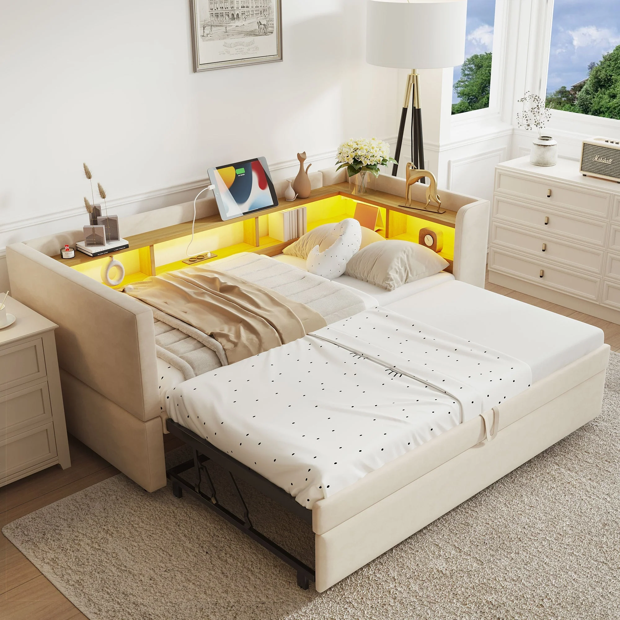 Upholstered Bed, Pull-Out Sofa Bed 90/180*190cm with LED Lights, Sockets & Storage - Beige - Image 2