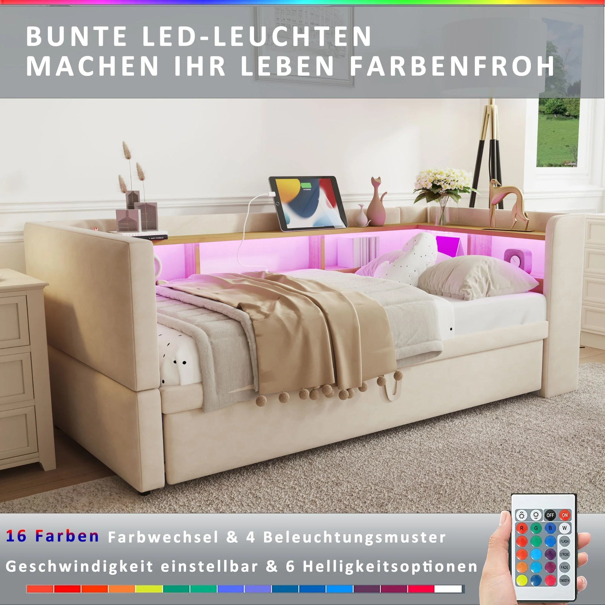 Upholstered Bed, Pull-Out Sofa Bed 90/180*190cm with LED Lights, Sockets & Storage - Beige - Image 5