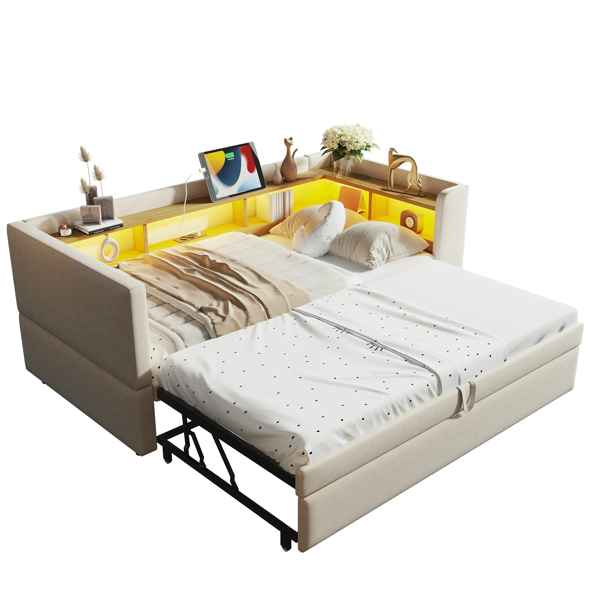 Upholstered Bed, Pull-Out Sofa Bed 90/180*190cm with LED Lights, Sockets & Storage - Beige - Image 8