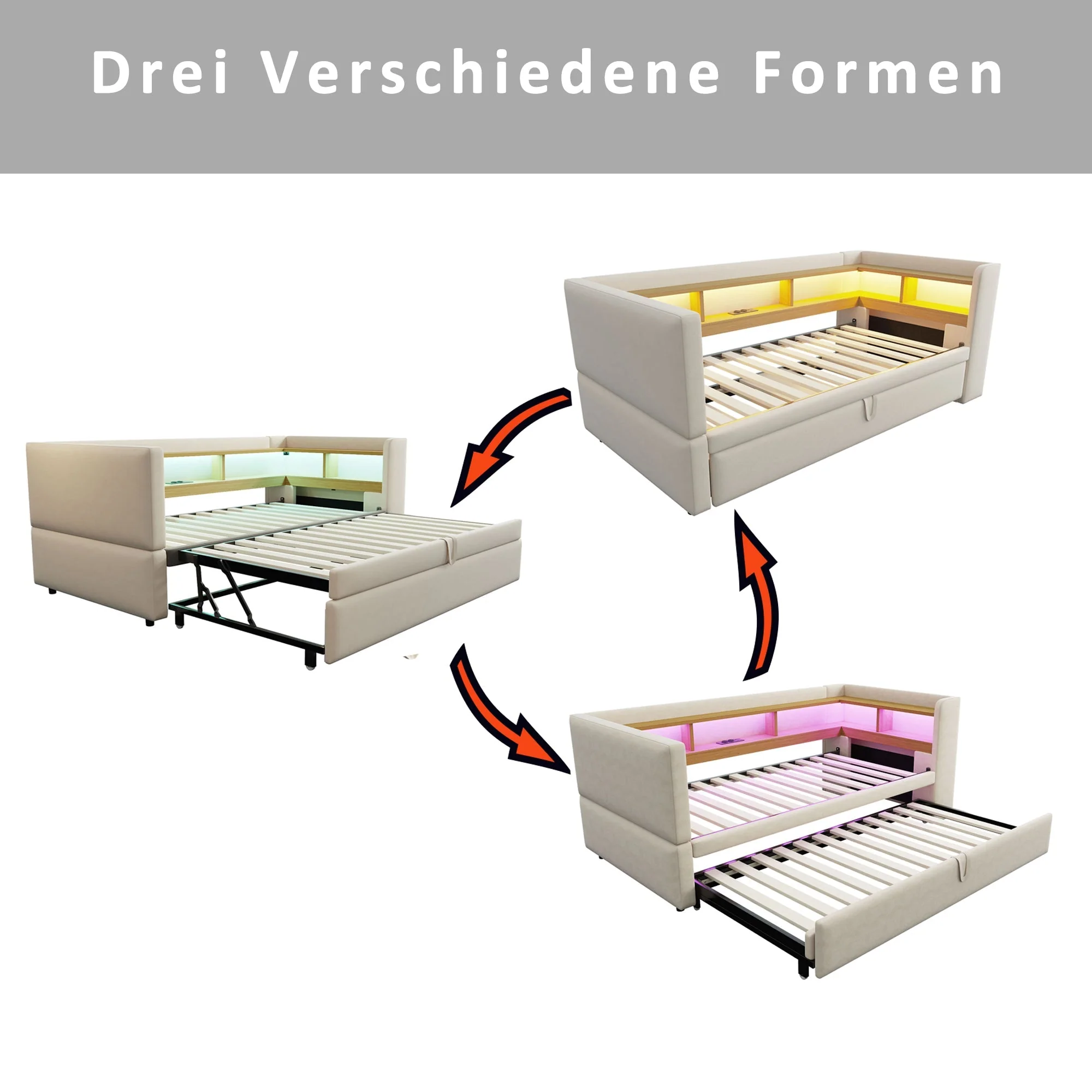 Upholstered Bed, Pull-Out Sofa Bed 90/180*190cm with LED Lights, Sockets & Storage - Beige - Image 9