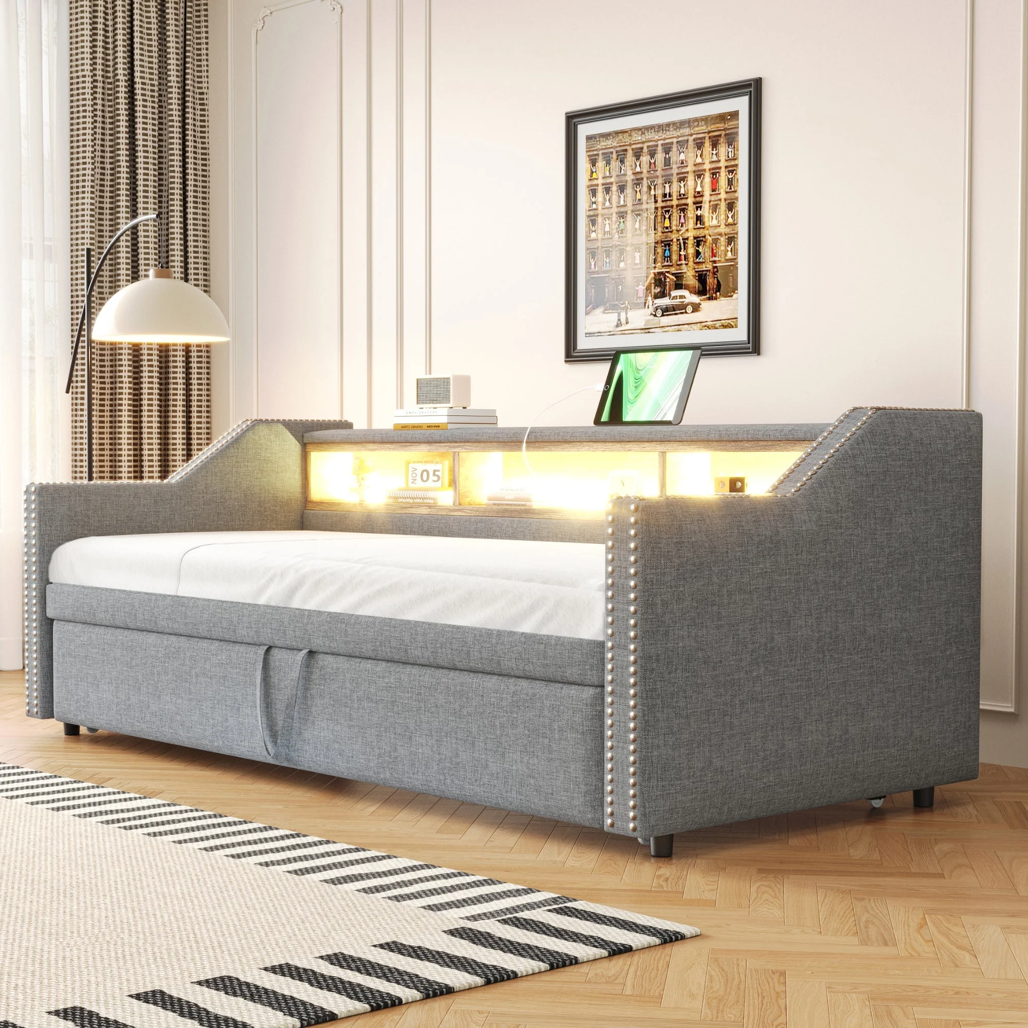 Upholstered Bed Pull-out Sofa Bed 90/180 x 190 cm with Storage, LED, USB, Slatted Frame, Light Grey - Image 4