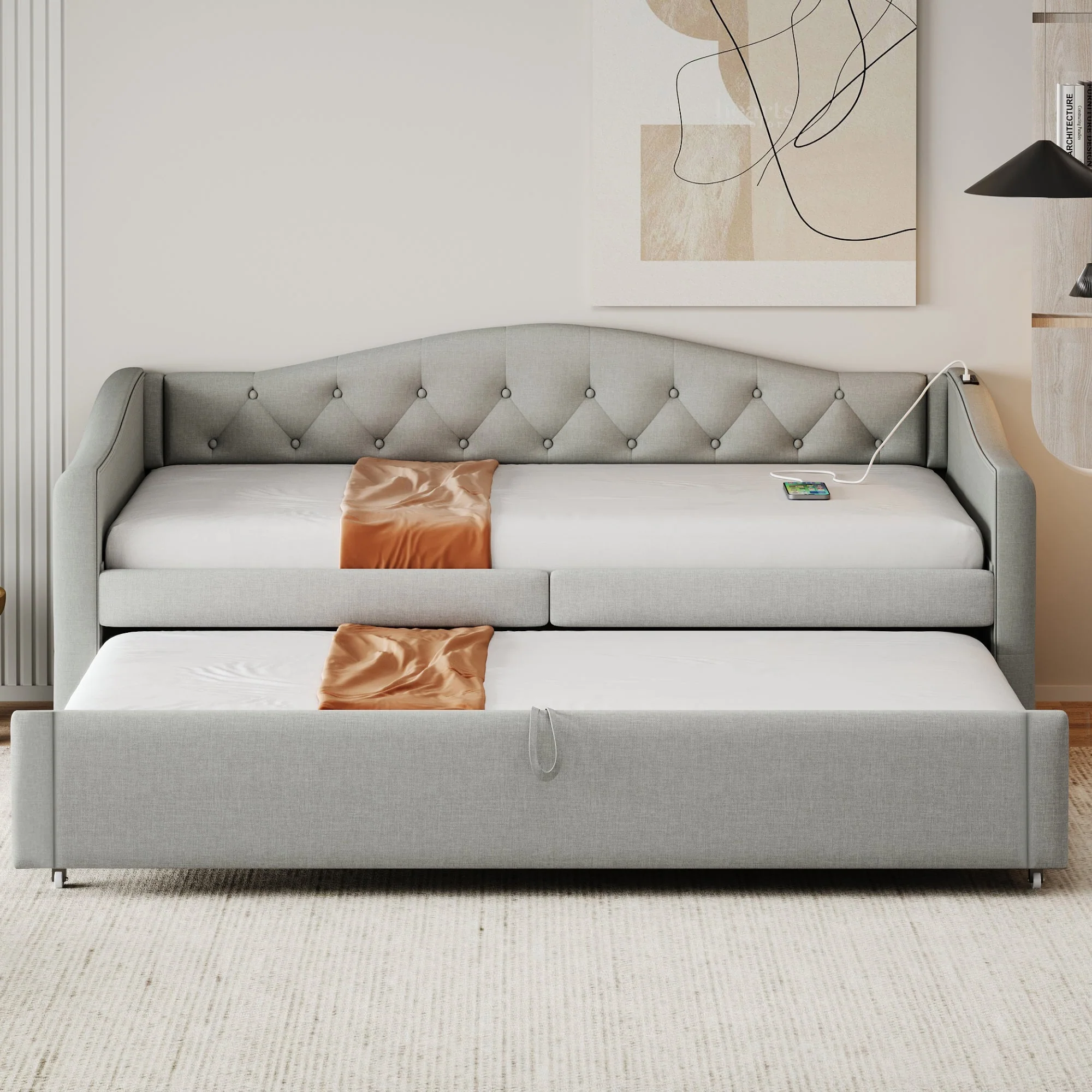 Upholstered Bed Pull-out Sofa Bed, 90 x 200 cm, USB Port, Linen Fabric, Grey - Image 3