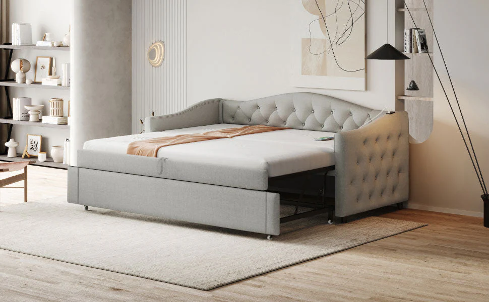 Upholstered Bed Pull-out Sofa Bed, 90 x 200 cm, USB Port, Linen Fabric, Grey - Image 6