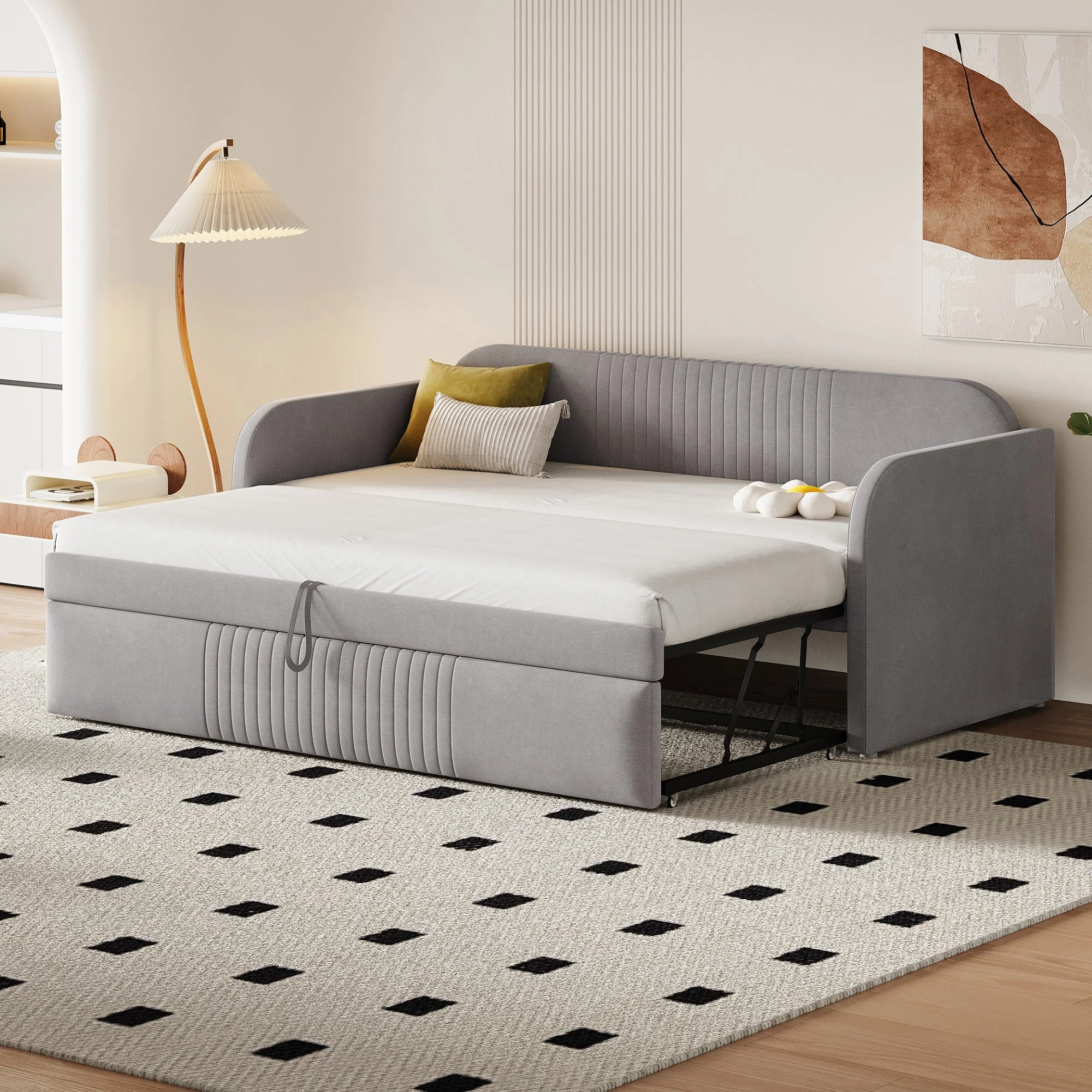 Upholstered Bed, Pull-Out Sofa Bed with Slatted Frame, Multifunctional, Light Grey Linen