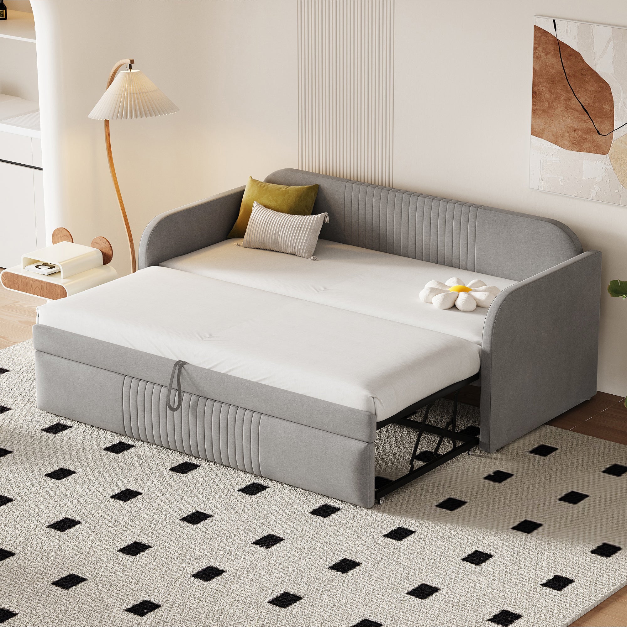 Upholstered Bed, Pull-Out Sofa Bed with Slatted Frame, Multifunctional, Light Grey Linen - Image 2