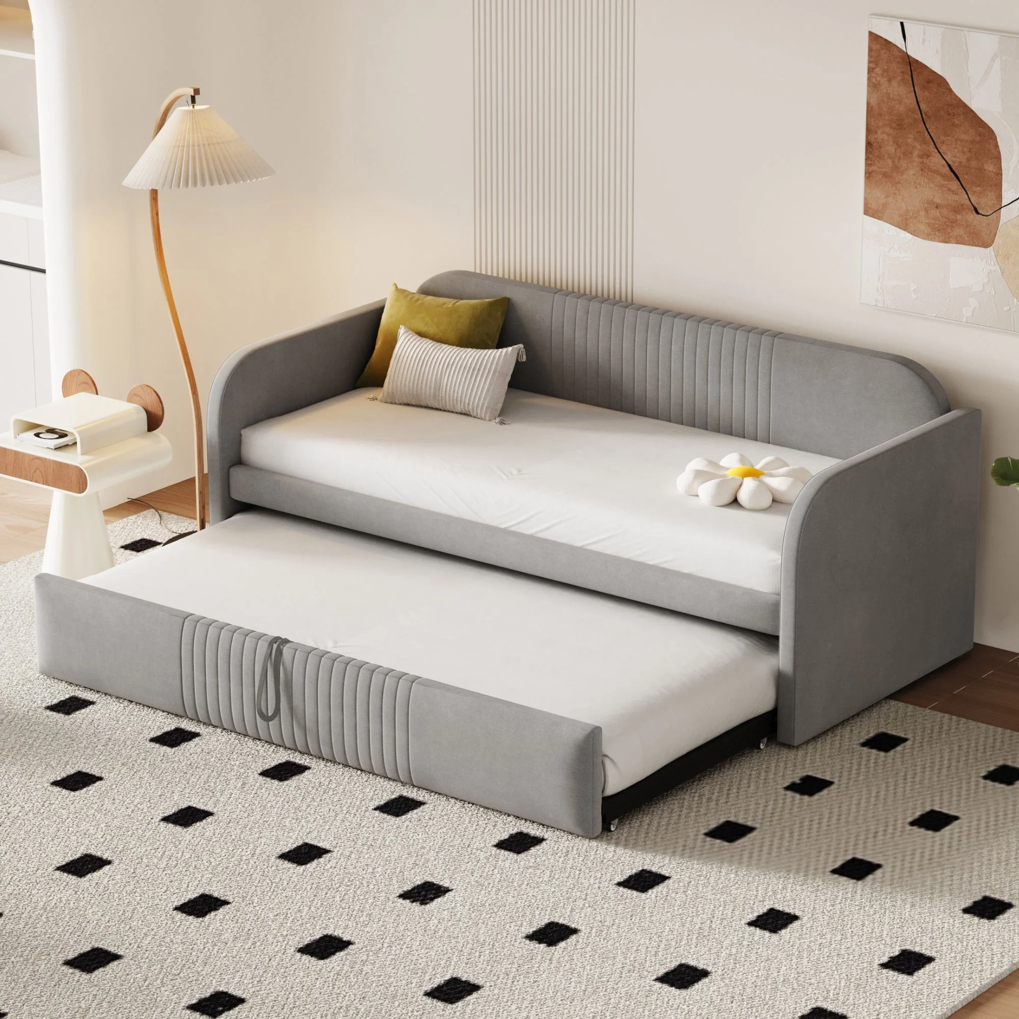Upholstered Bed, Pull-Out Sofa Bed with Slatted Frame, Multifunctional, Light Grey Linen - Image 3