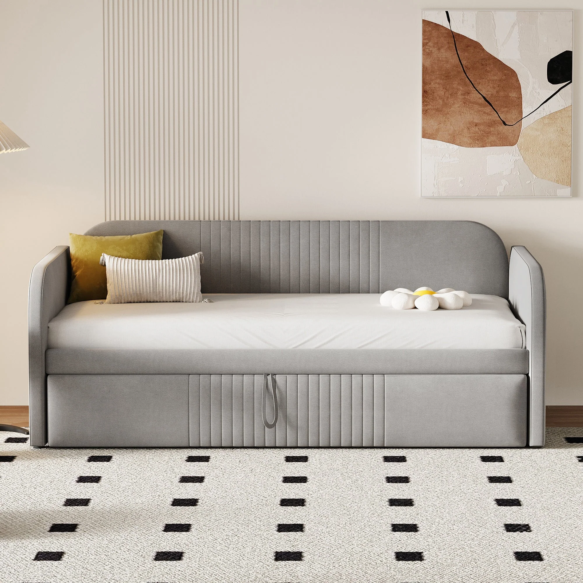 Upholstered Bed, Pull-Out Sofa Bed with Slatted Frame, Multifunctional, Light Grey Linen - Image 4