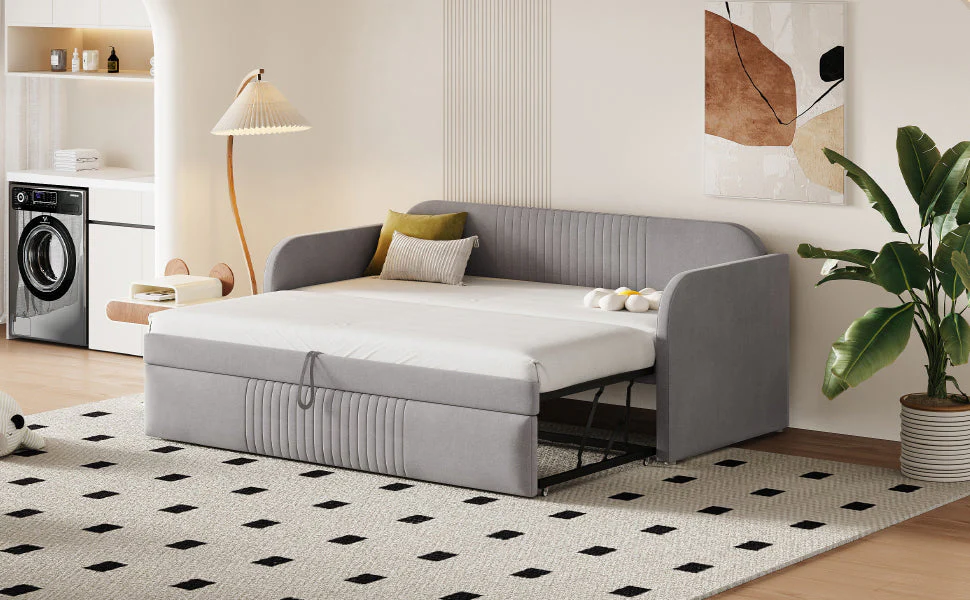 Upholstered Bed, Pull-Out Sofa Bed with Slatted Frame, Multifunctional, Light Grey Linen - Image 5