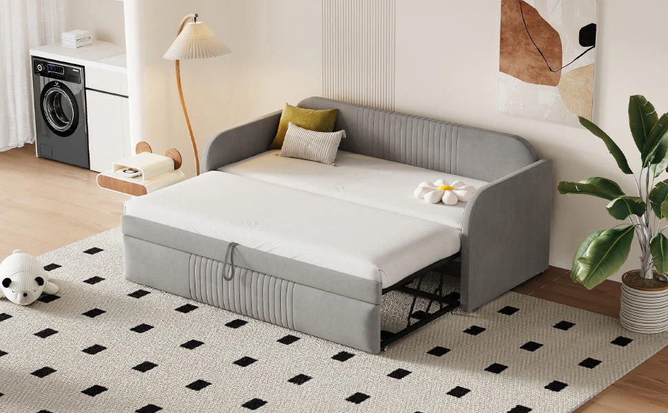 Upholstered Bed, Pull-Out Sofa Bed with Slatted Frame, Multifunctional, Light Grey Linen - Image 6