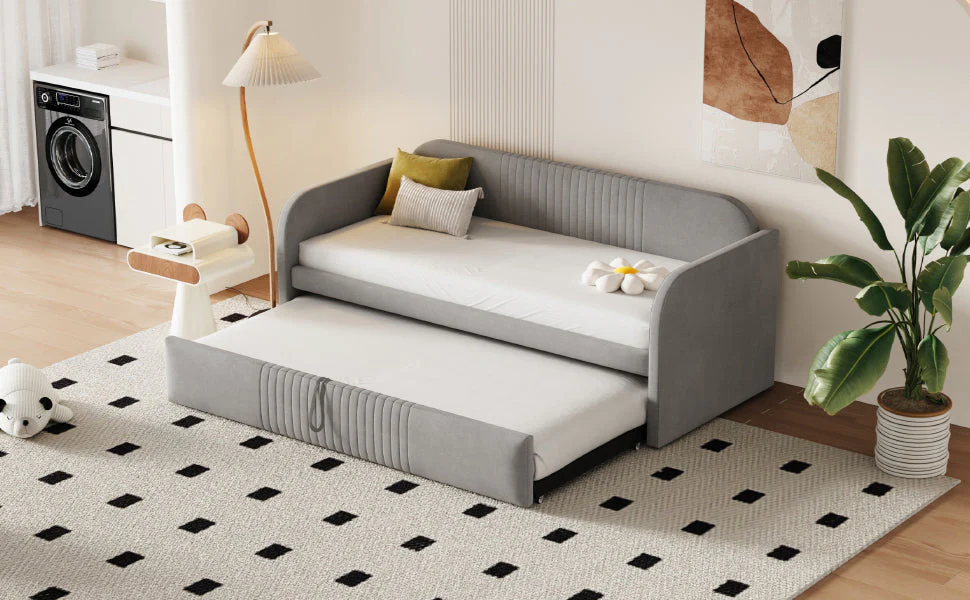 Upholstered Bed, Pull-Out Sofa Bed with Slatted Frame, Multifunctional, Light Grey Linen - Image 7