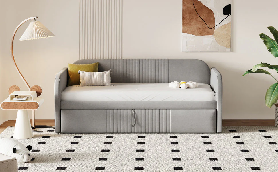 Upholstered Bed, Pull-Out Sofa Bed with Slatted Frame, Multifunctional, Light Grey Linen - Image 8