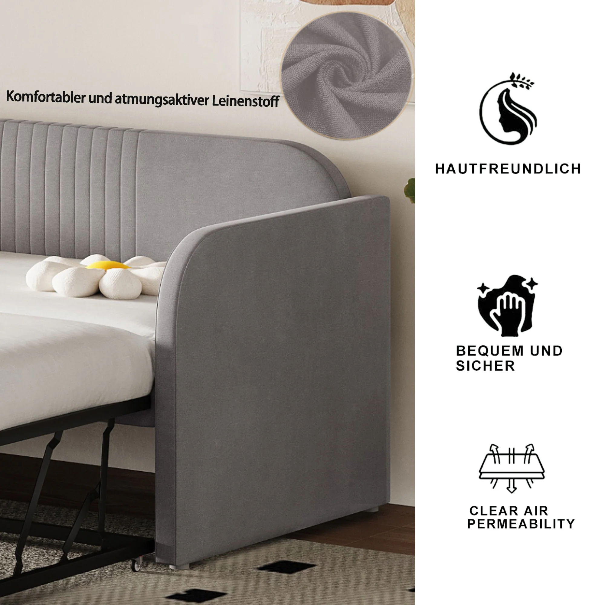 Upholstered Bed, Pull-Out Sofa Bed with Slatted Frame, Multifunctional, Light Grey Linen - Image 9
