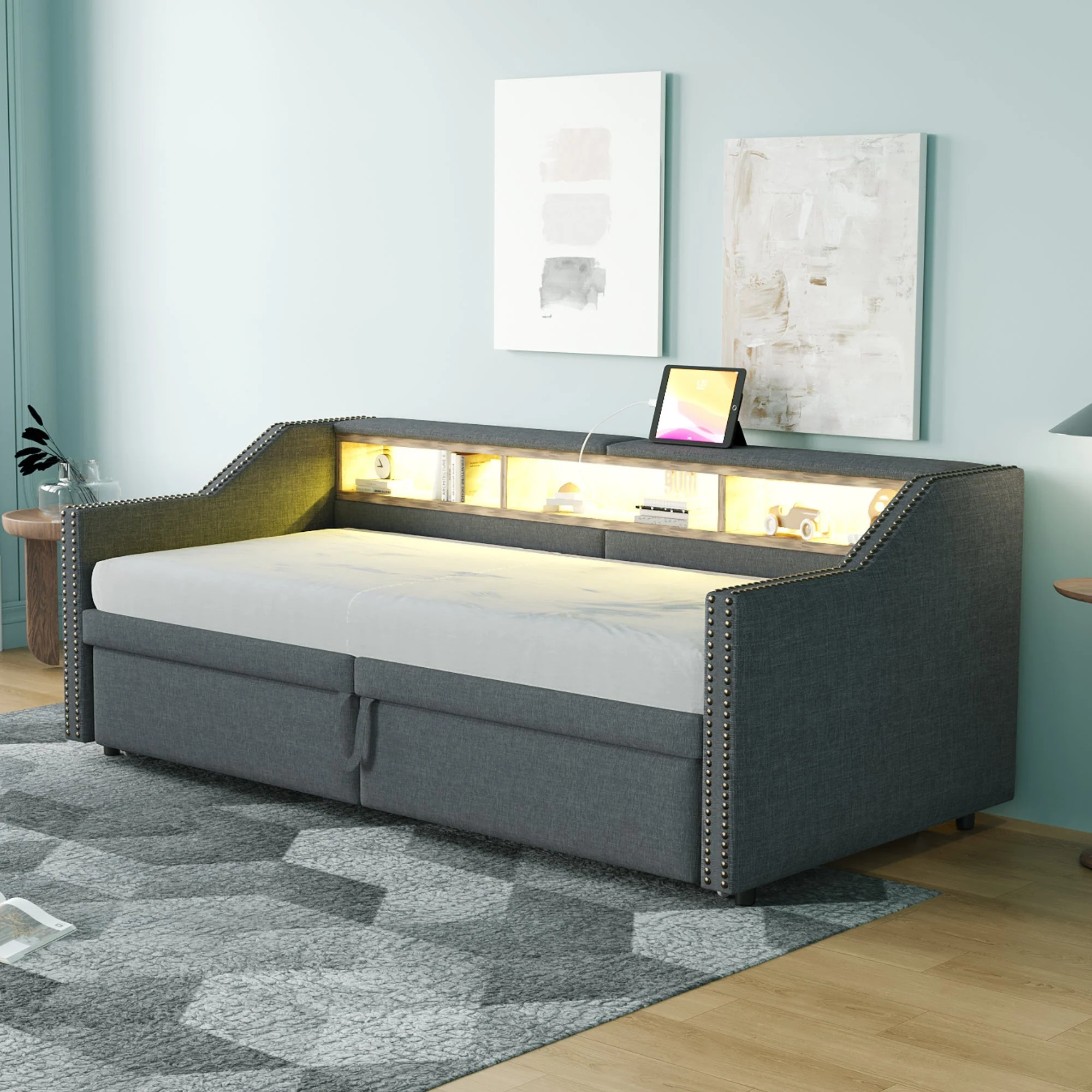 Upholstered Bed, Pull-Out Sofa Bed with Storage, LED Light, USB Port, Slatted Frame, Dark Grey - Image 3