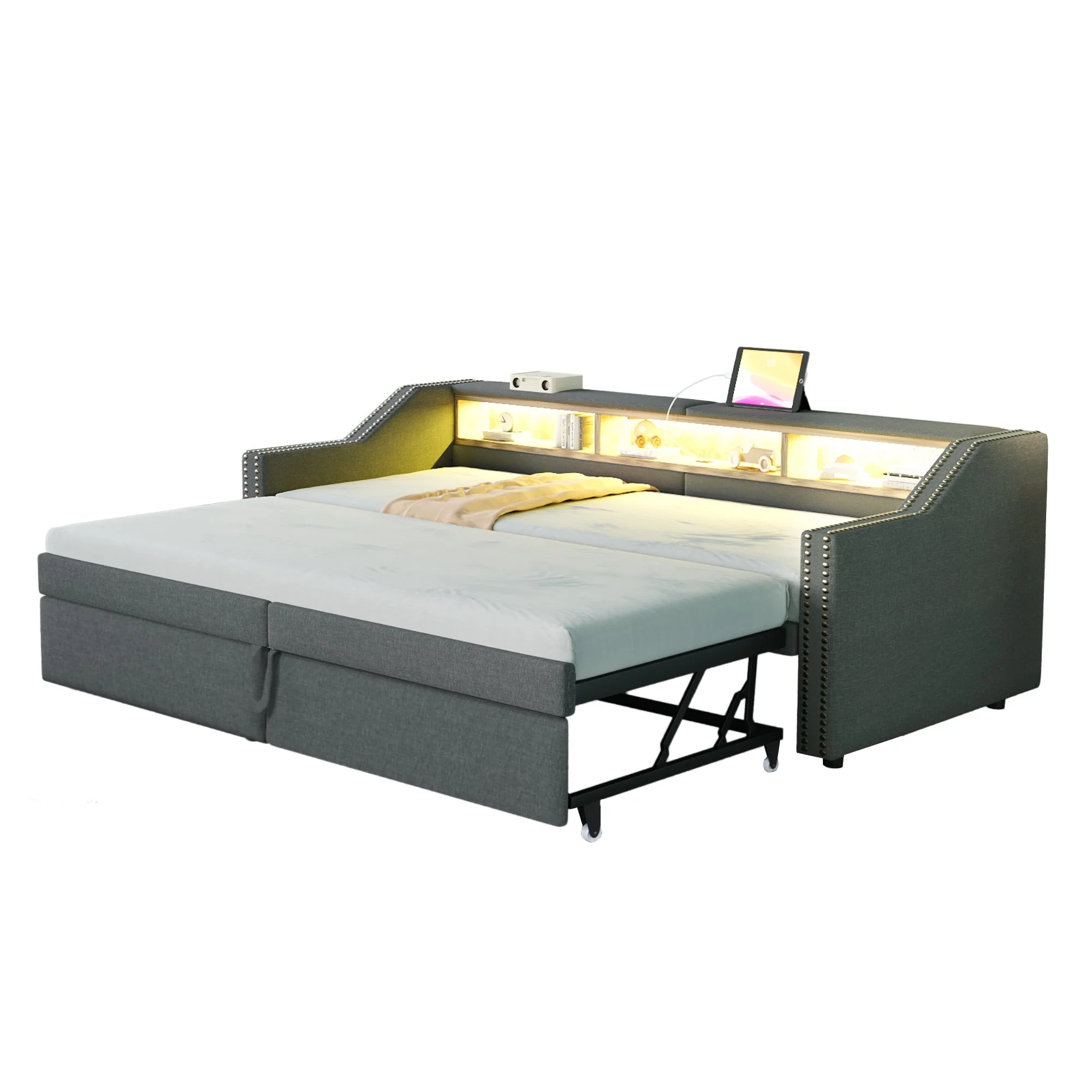 Upholstered Bed, Pull-Out Sofa Bed with Storage, LED Light, USB Port, Slatted Frame, Dark Grey - Image 4