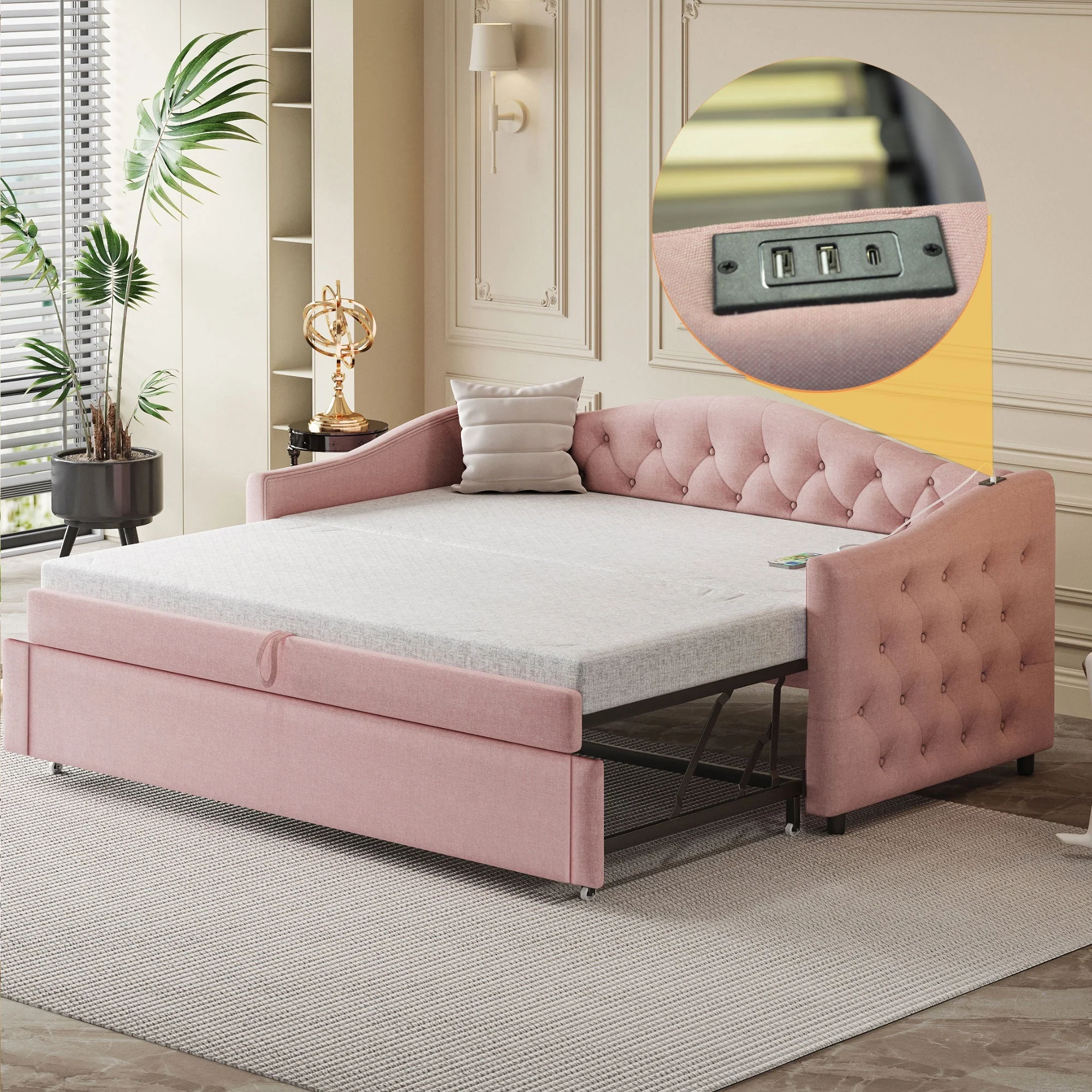Upholstered Bed Pull-out Sofa Bed with USB Port, Pink Linen Fabric - Image 6