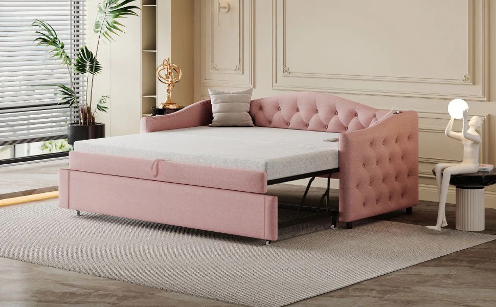 Upholstered Bed Pull-out Sofa Bed with USB Port, Pink Linen Fabric - Image 7