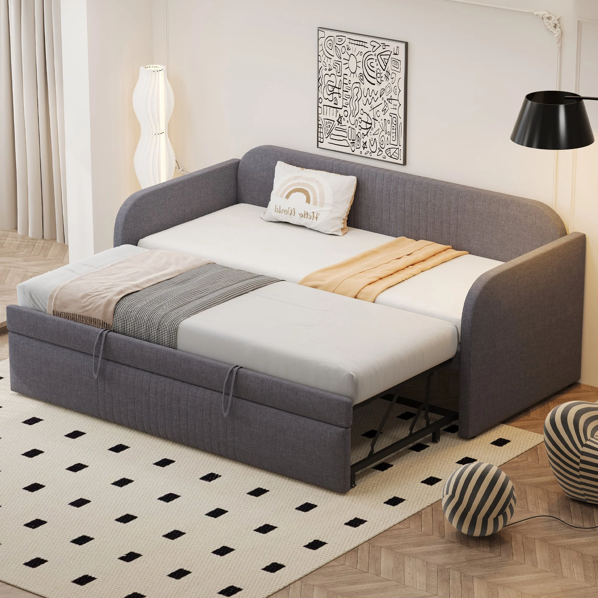 Upholstered Bed Pull-Out Sofa, Multifunctional with Slatted Frame, Grey Linen