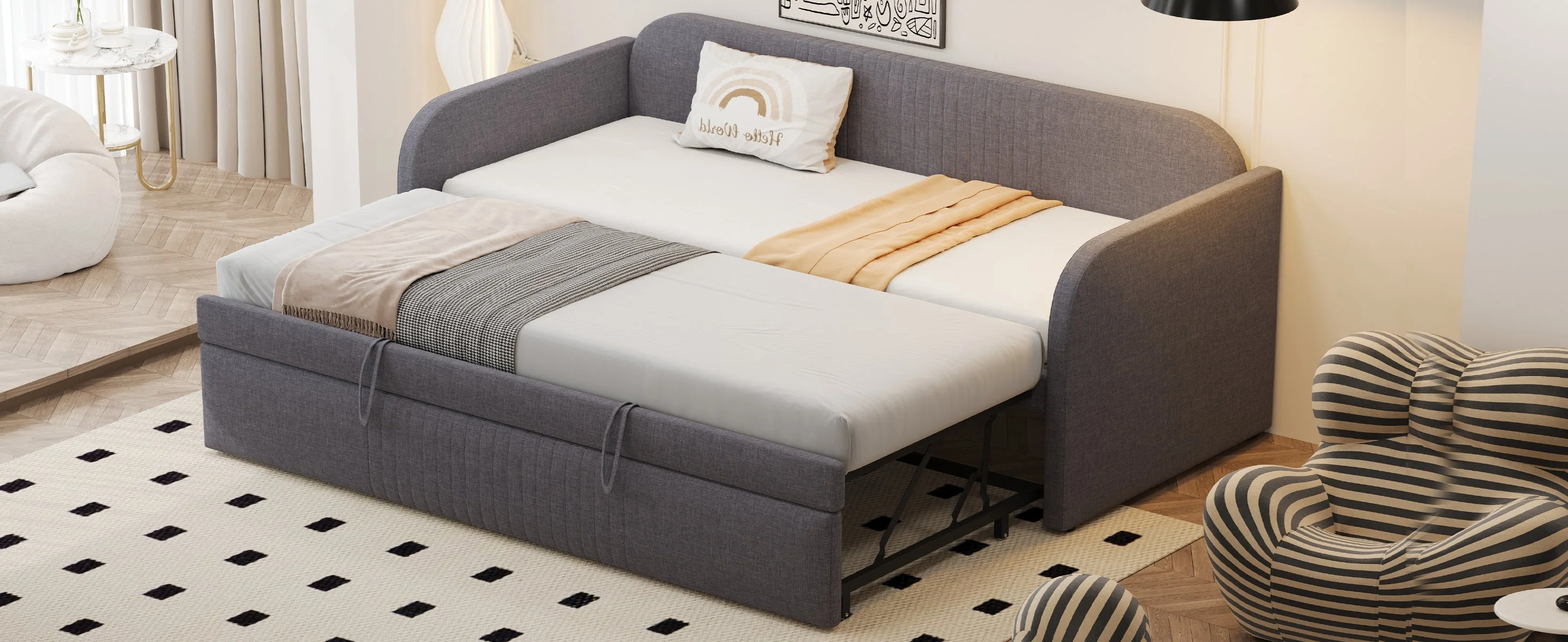 Upholstered Bed Pull-Out Sofa, Multifunctional with Slatted Frame, Grey Linen - Image 10