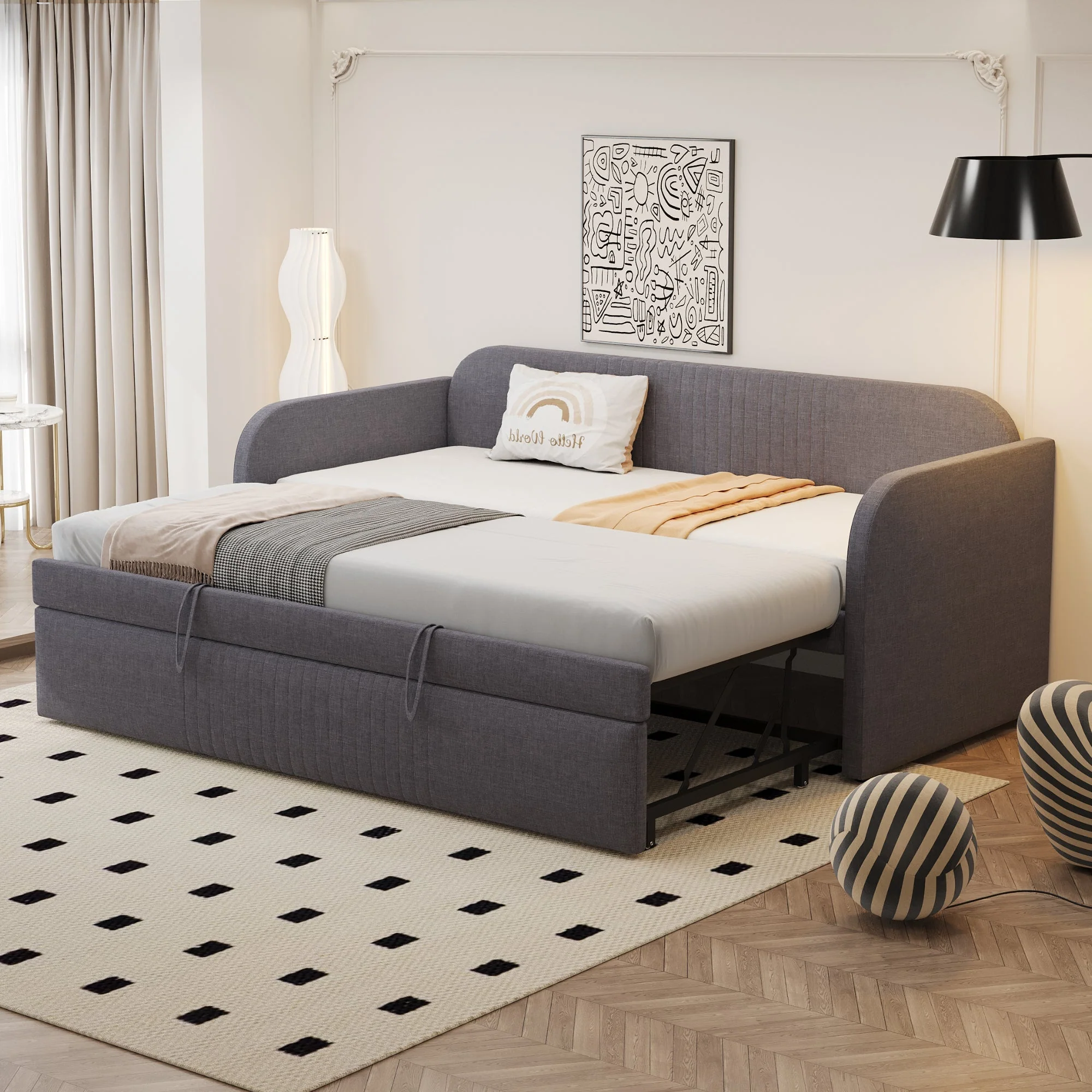 Upholstered Bed Pull-Out Sofa, Multifunctional with Slatted Frame, Grey Linen - Image 2