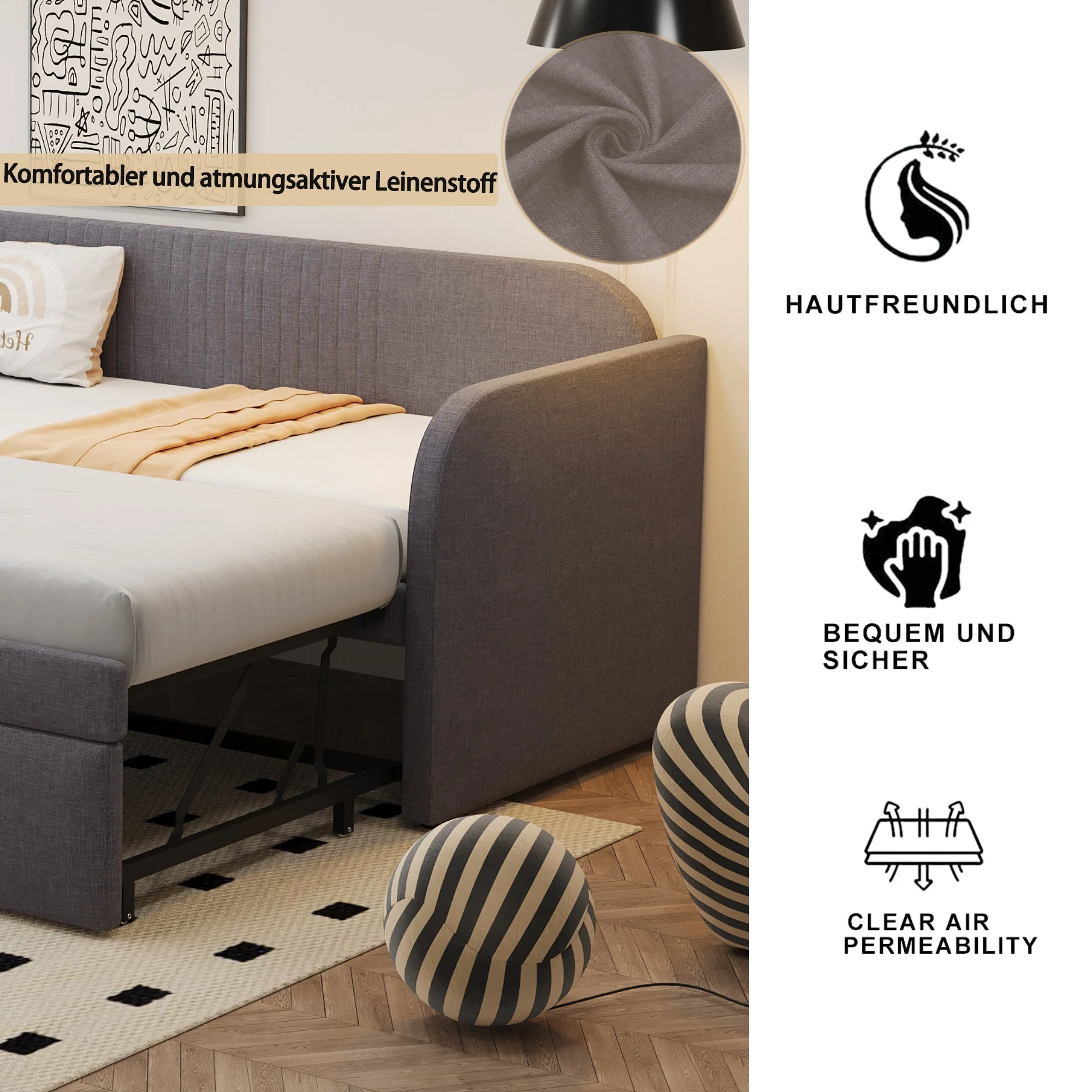 Upholstered Bed Pull-Out Sofa, Multifunctional with Slatted Frame, Grey Linen - Image 3