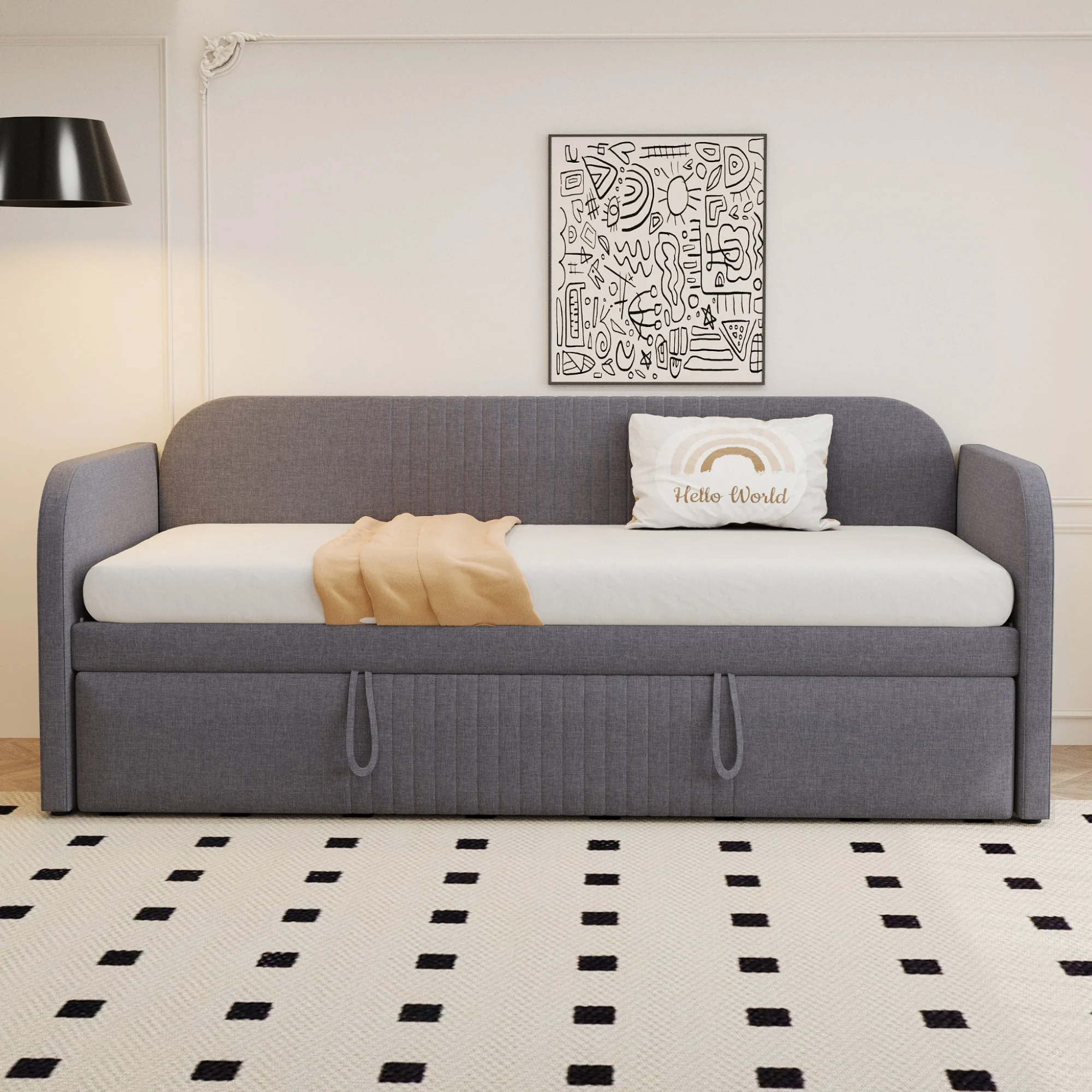 Upholstered Bed Pull-Out Sofa, Multifunctional with Slatted Frame, Grey Linen - Image 4