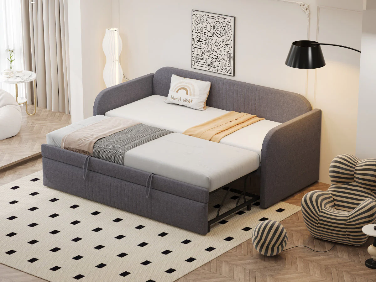 Upholstered Bed Pull-Out Sofa, Multifunctional with Slatted Frame, Grey Linen - Image 5