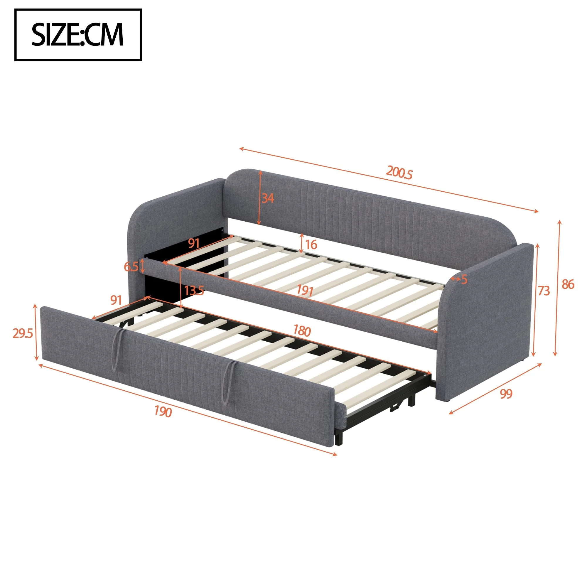 Upholstered Bed Pull-Out Sofa, Multifunctional with Slatted Frame, Grey Linen - Image 8
