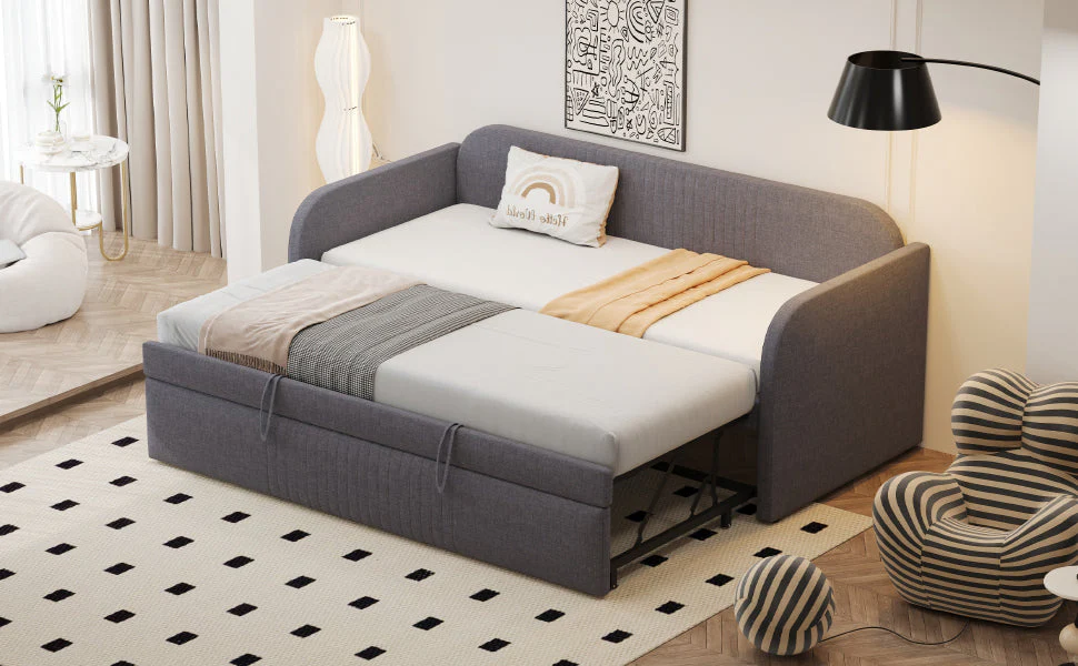 Upholstered Bed Pull-Out Sofa, Multifunctional with Slatted Frame, Grey Linen - Image 9