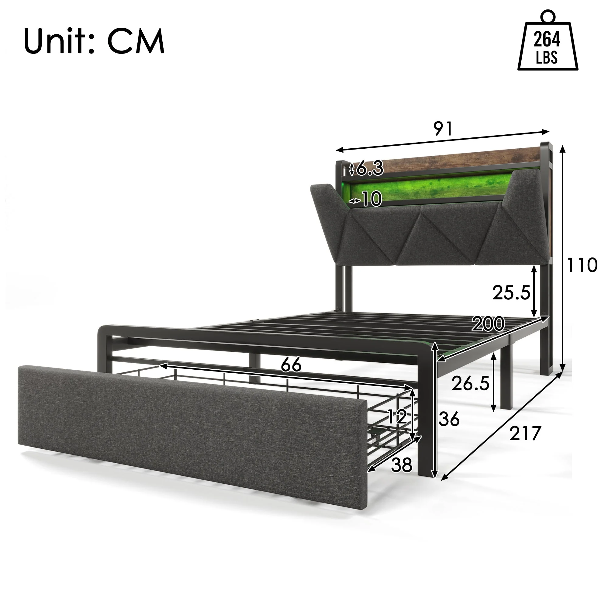 Upholstered Bed Single 90x200cm, Storage Headboard, LED, USB-C, Metal Frame, Grey - Image 2