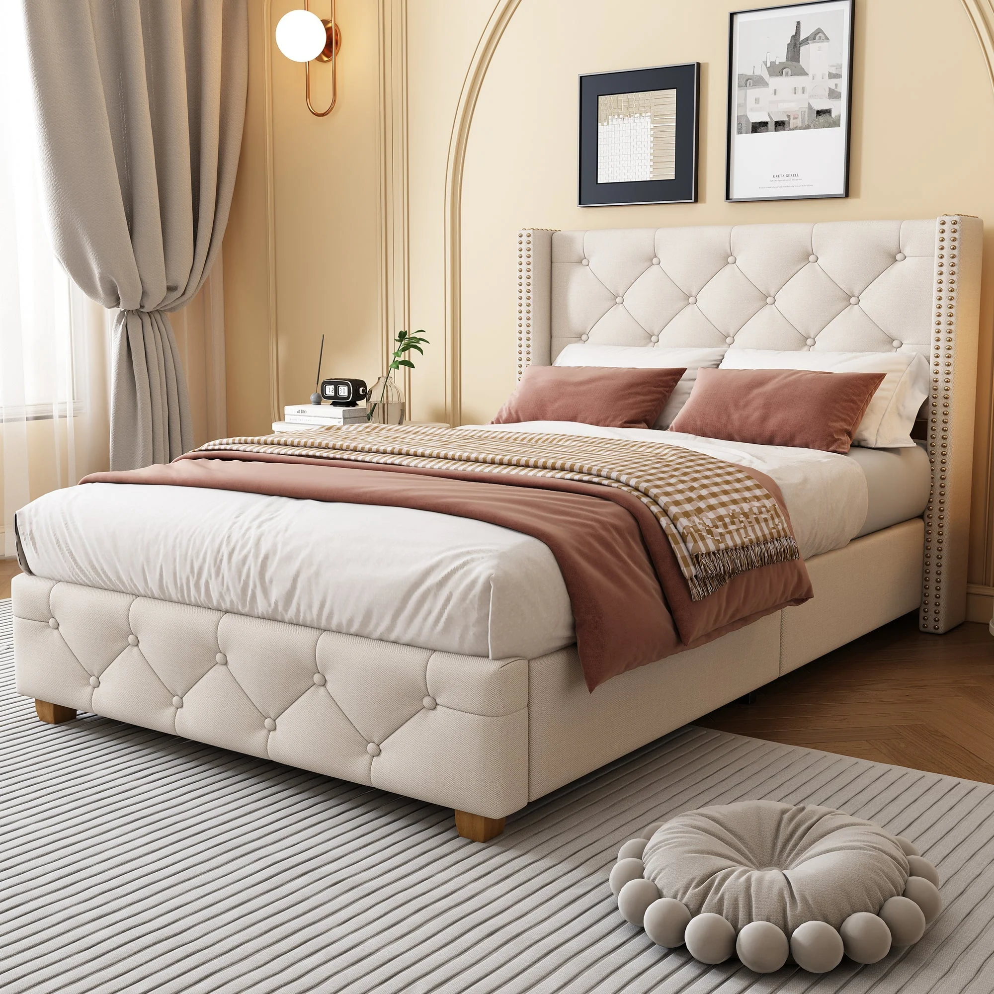 Upholstered Bed, Single Bed-3ft(90*190cm) with Slatted Frame and Headboard, Button Upholstery, Rivet Upholstery, Wooden Legs, Linen, Beige