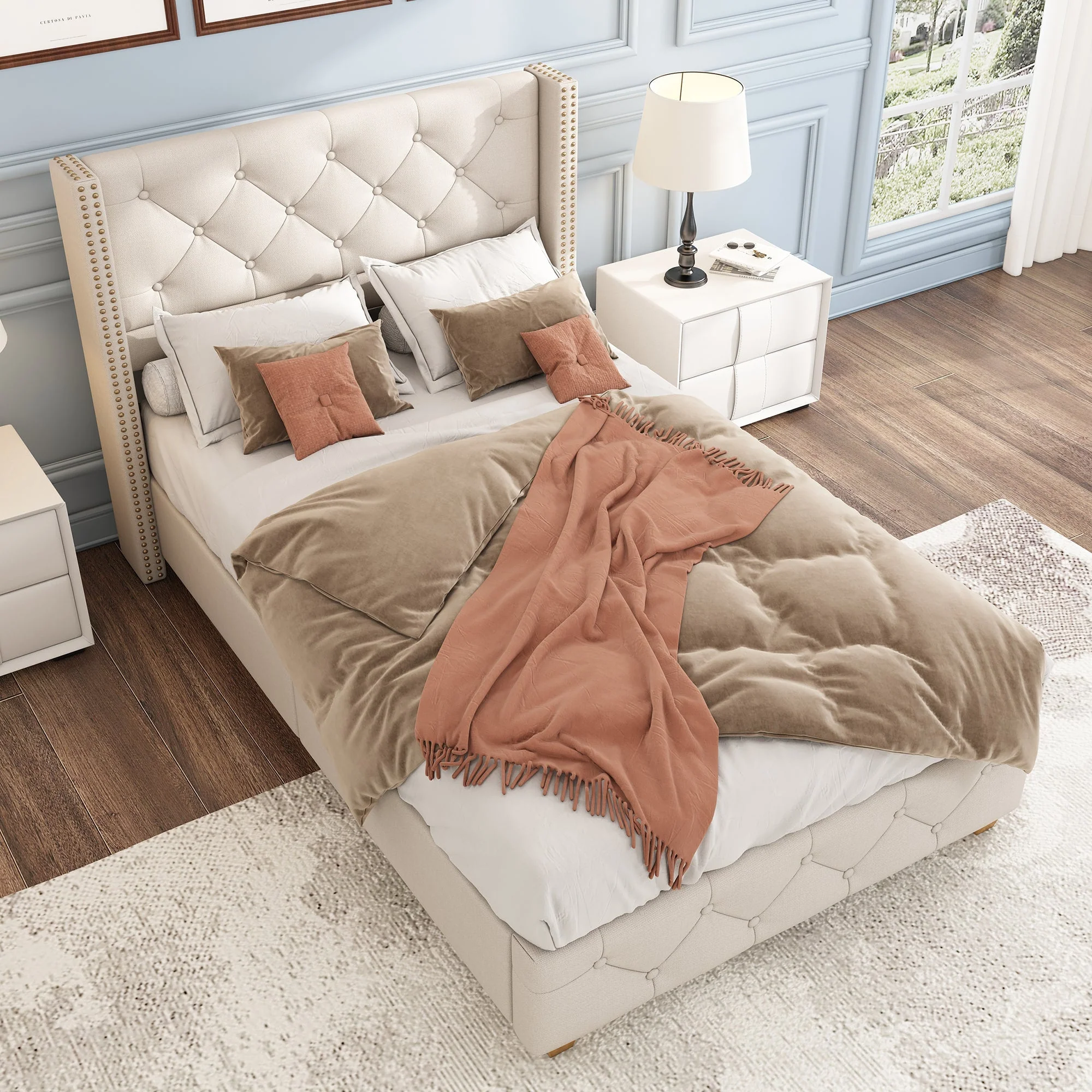 Upholstered Bed, Single Bed-3ft(90*190cm) with Slatted Frame and Headboard, Button Upholstery, Rivet Upholstery, Wooden Legs, Linen, Beige - Image 2