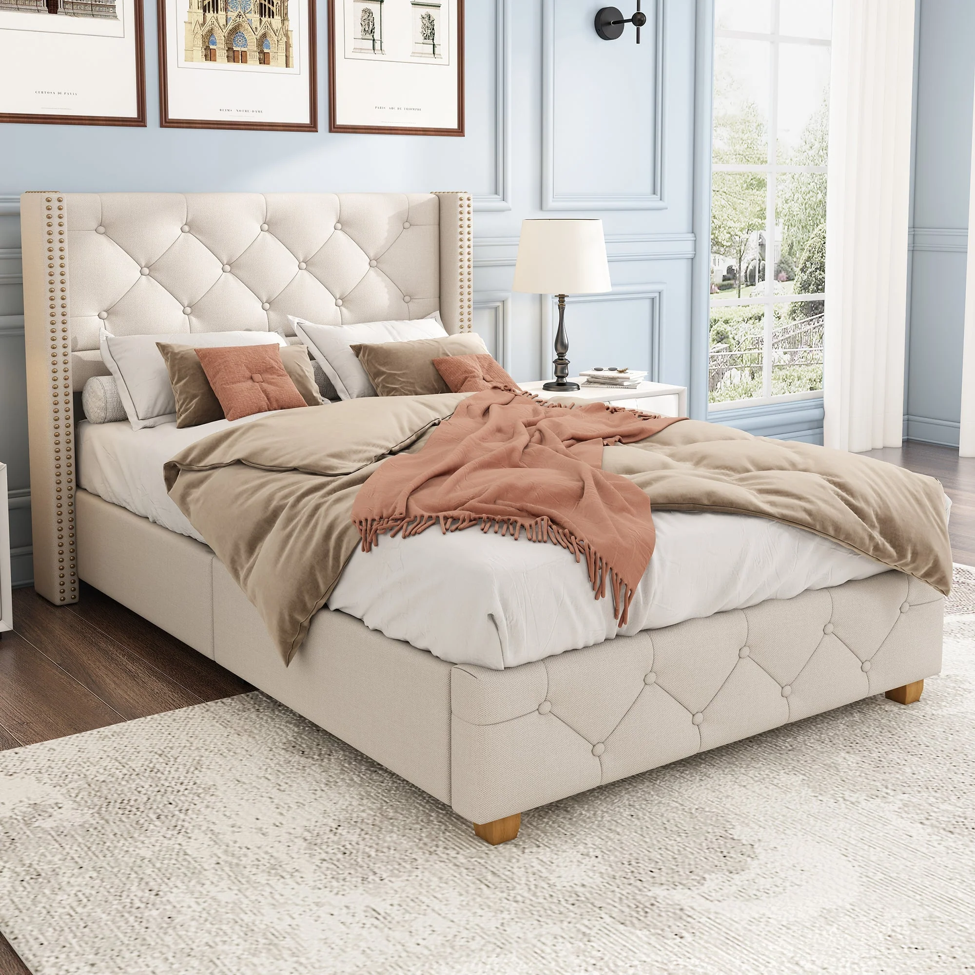 Upholstered Bed, Single Bed-3ft(90*190cm) with Slatted Frame and Headboard, Button Upholstery, Rivet Upholstery, Wooden Legs, Linen, Beige - Image 3