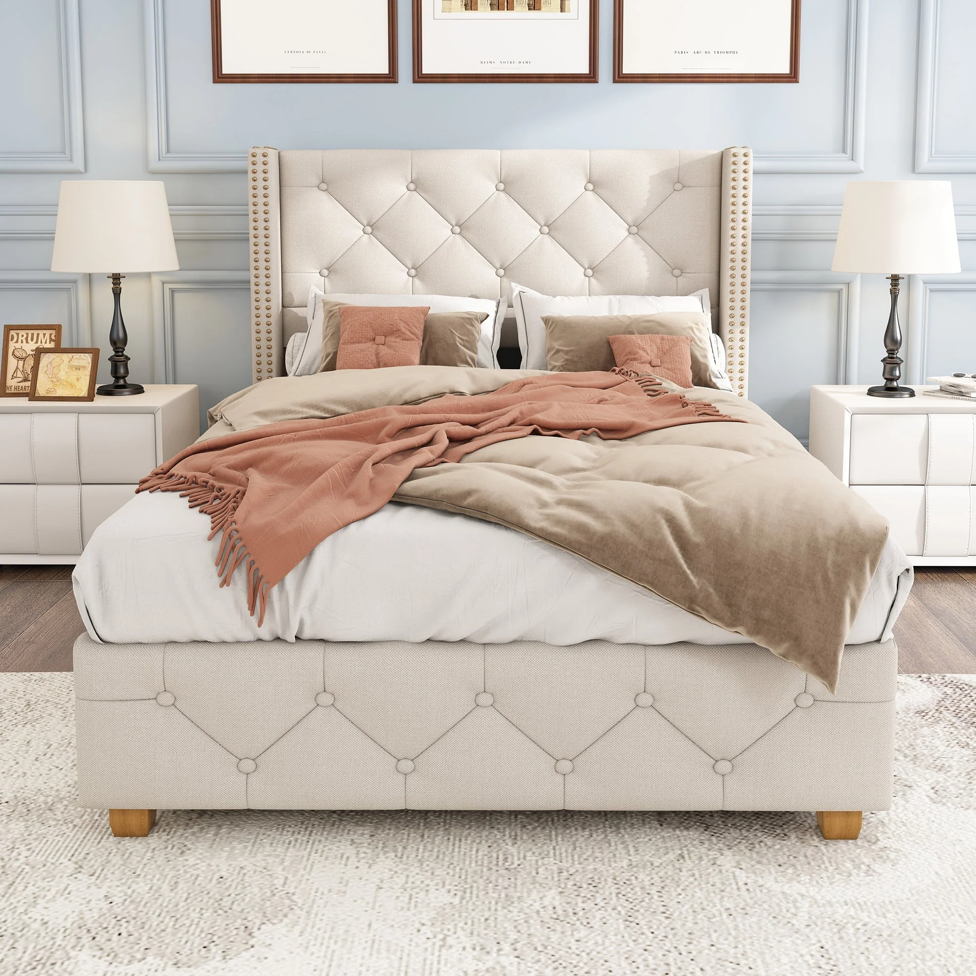 Upholstered Bed, Single Bed-3ft(90*190cm) with Slatted Frame and Headboard, Button Upholstery, Rivet Upholstery, Wooden Legs, Linen, Beige - Image 4