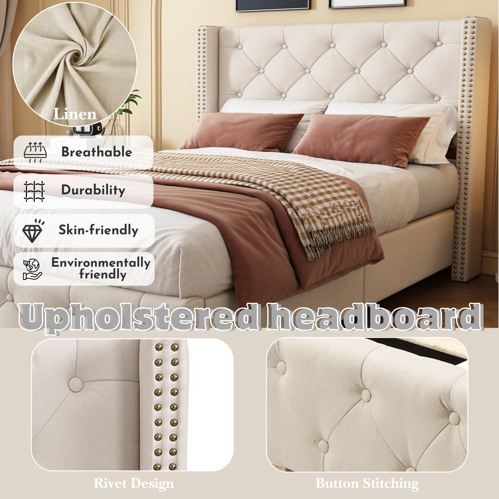 Upholstered Bed, Single Bed-3ft(90*190cm) with Slatted Frame and Headboard, Button Upholstery, Rivet Upholstery, Wooden Legs, Linen, Beige - Image 5