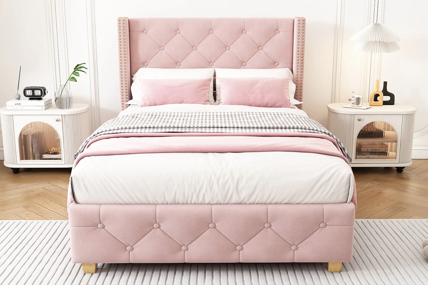 Pink Velvet Upholstered 3ft Single Bed with Slatted Frame - Image 7
